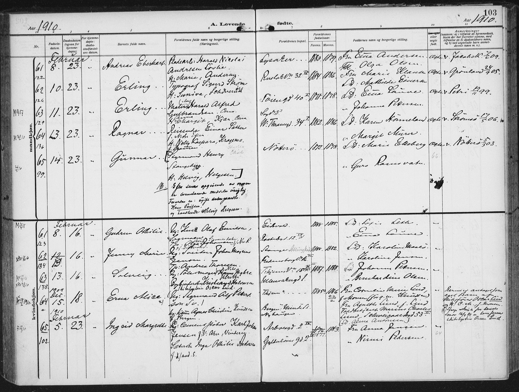 Rikshospitalet prestekontor Kirkebøker, AV/SAO-A-10309b/F/L0014: Parish register (official) no. 14, 1909-1912, p. 103