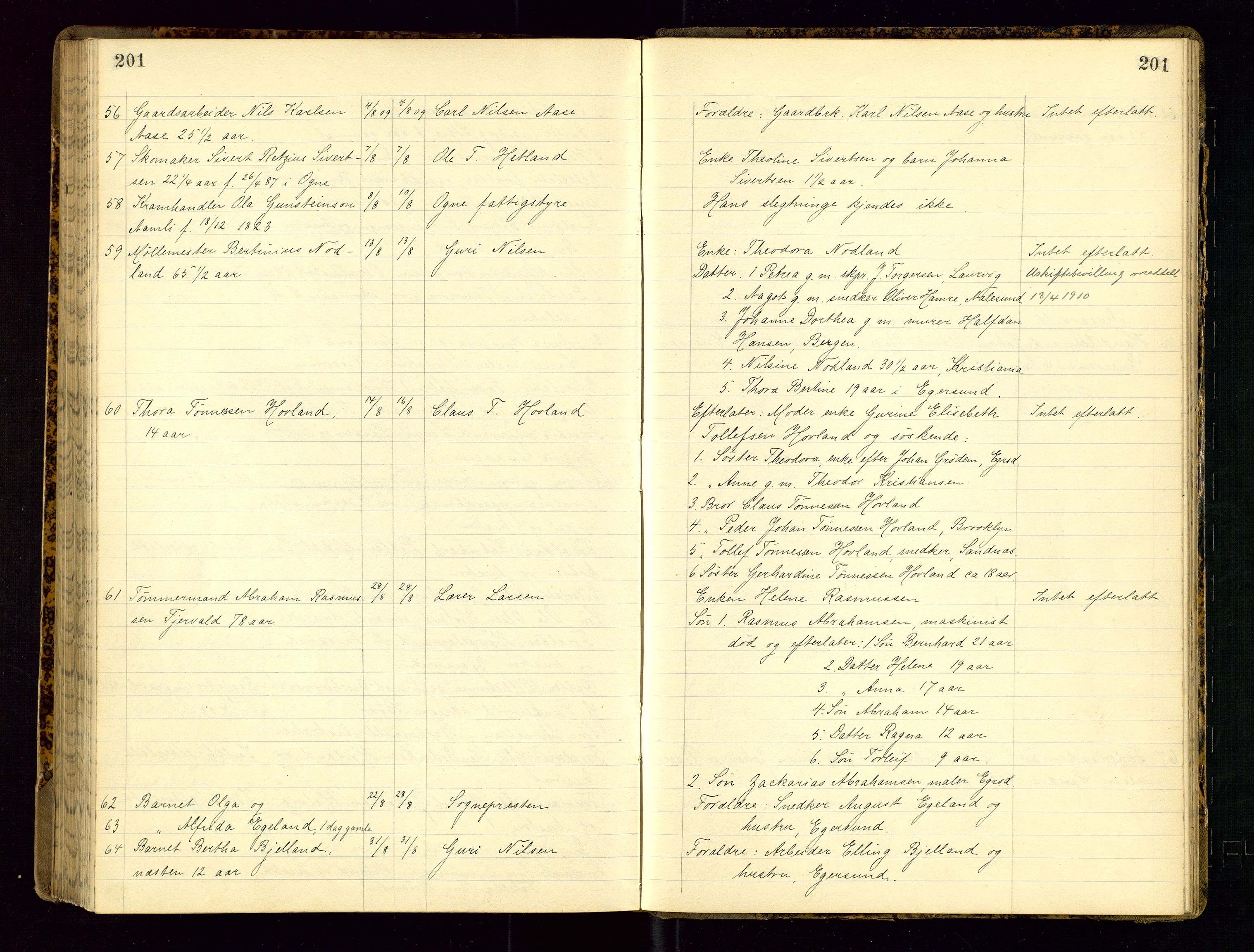 Dalane sorenskriveri, SAST/A-100309/001/5/52/L0001: DØDSFALLPROTOKOLL, 1904-1911, p. 201