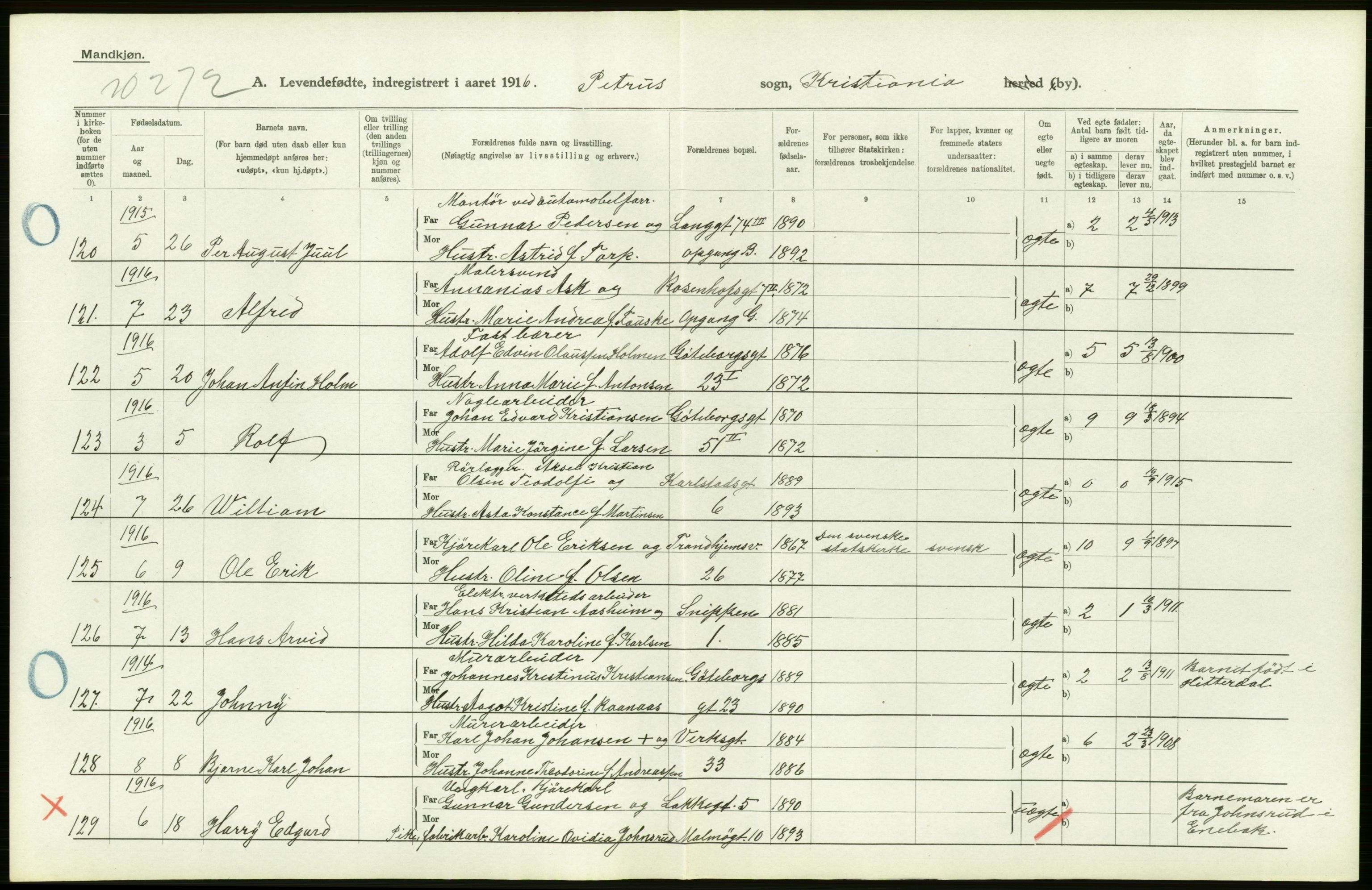 Statistisk sentralbyrå, Sosiodemografiske emner, Befolkning, AV/RA-S-2228/D/Df/Dfb/Dfbf/L0006: Kristiania: Levendefødte menn og kvinner., 1916, p. 574