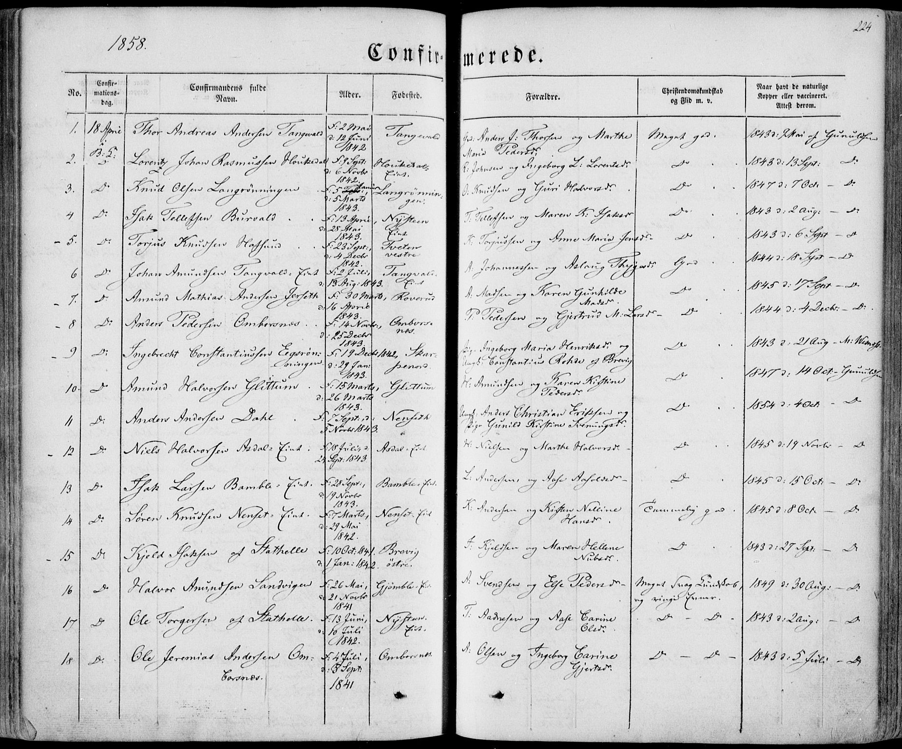 Bamble kirkebøker, SAKO/A-253/F/Fa/L0005: Parish register (official) no. I 5, 1854-1869, p. 224