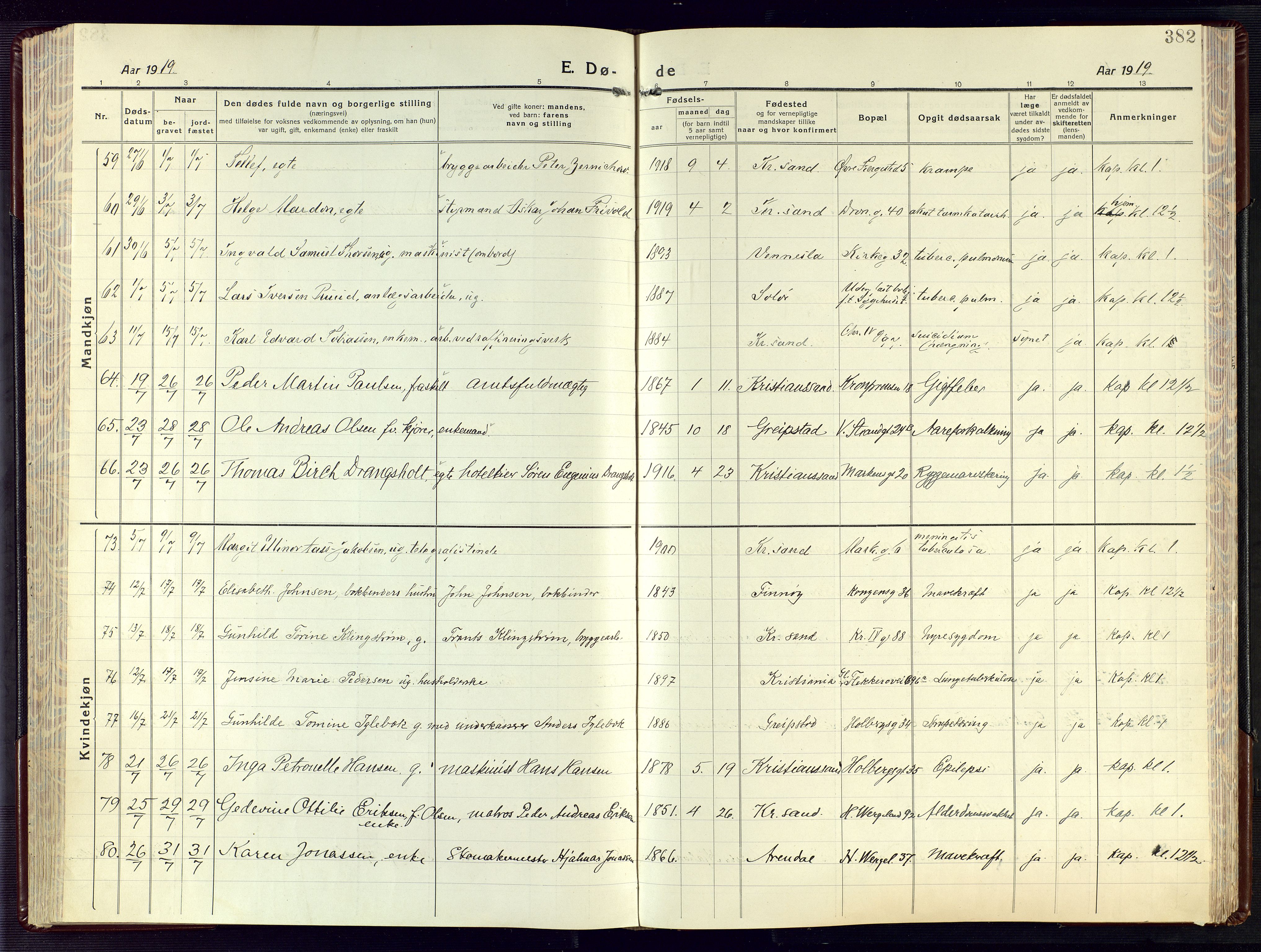 Kristiansand domprosti, SAK/1112-0006/F/Fa/L0028: Parish register (official) no. A 27, 1917-1926, p. 382