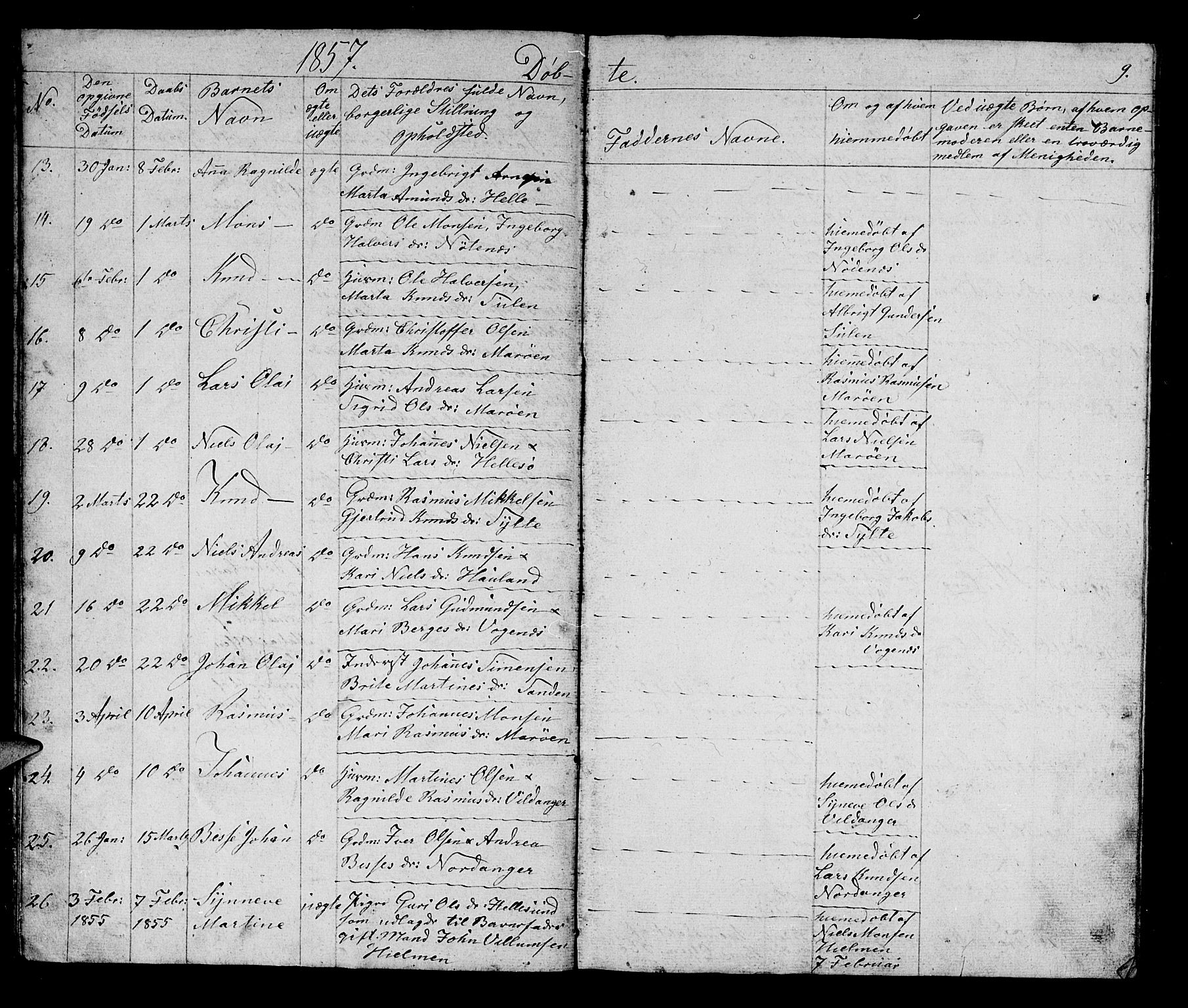 Manger sokneprestembete, AV/SAB-A-76801/H/Hab: Parish register (copy) no. B 1, 1856-1881, p. 9