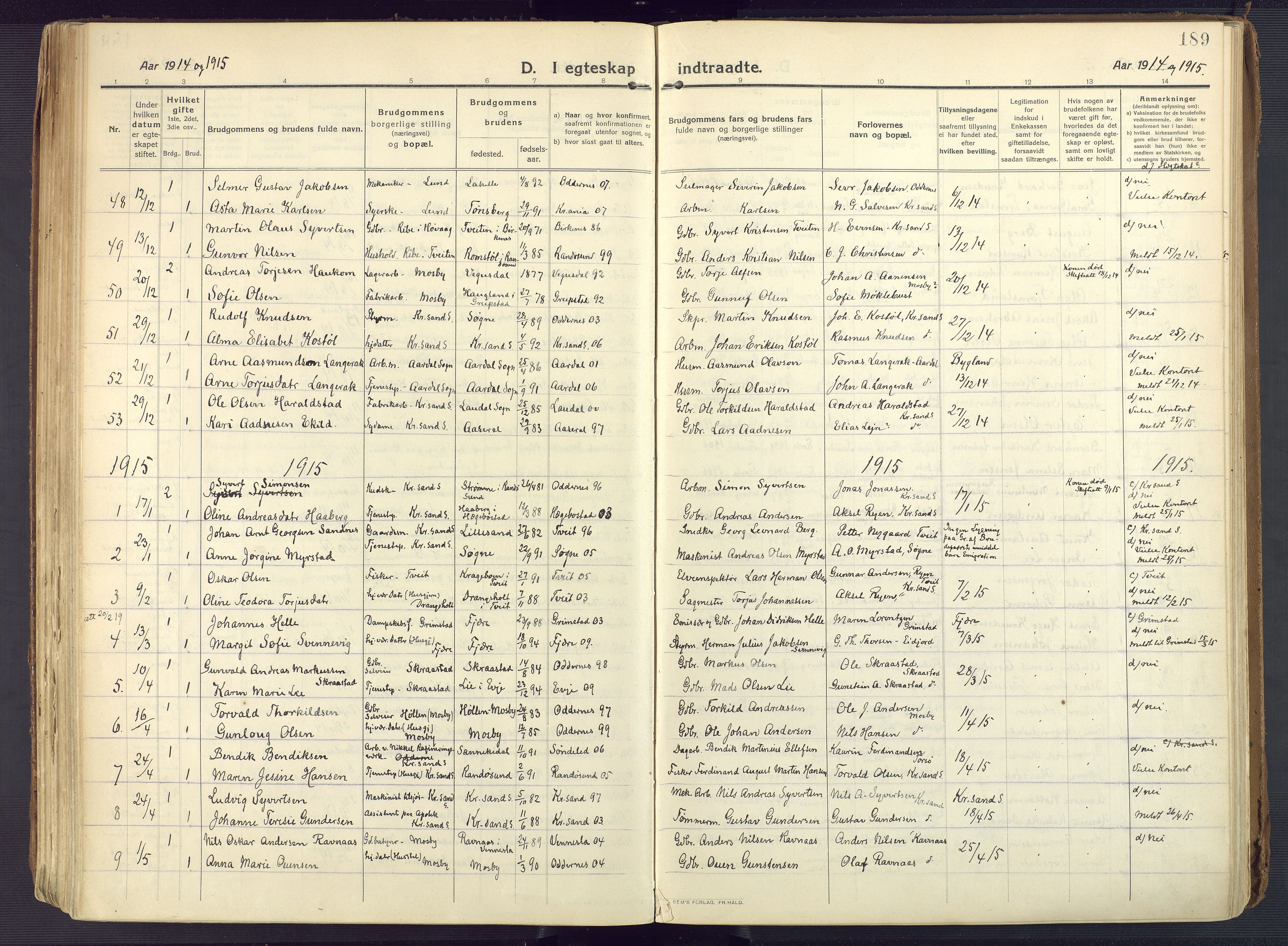 Oddernes sokneprestkontor, AV/SAK-1111-0033/F/Fa/Faa/L0012: Parish register (official) no. A 12, 1912-1925, p. 189