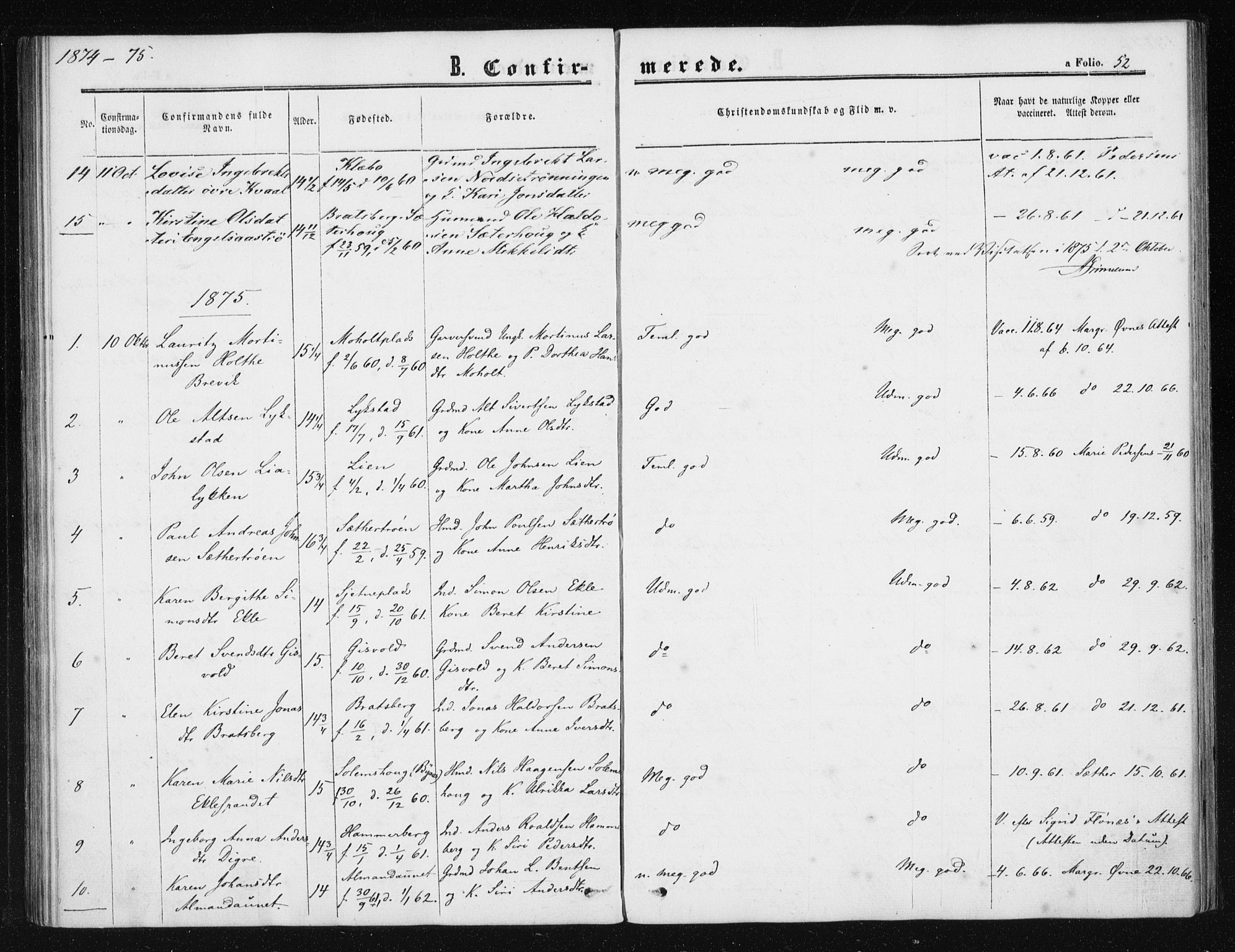 Ministerialprotokoller, klokkerbøker og fødselsregistre - Sør-Trøndelag, SAT/A-1456/608/L0333: Parish register (official) no. 608A02, 1862-1876, p. 52