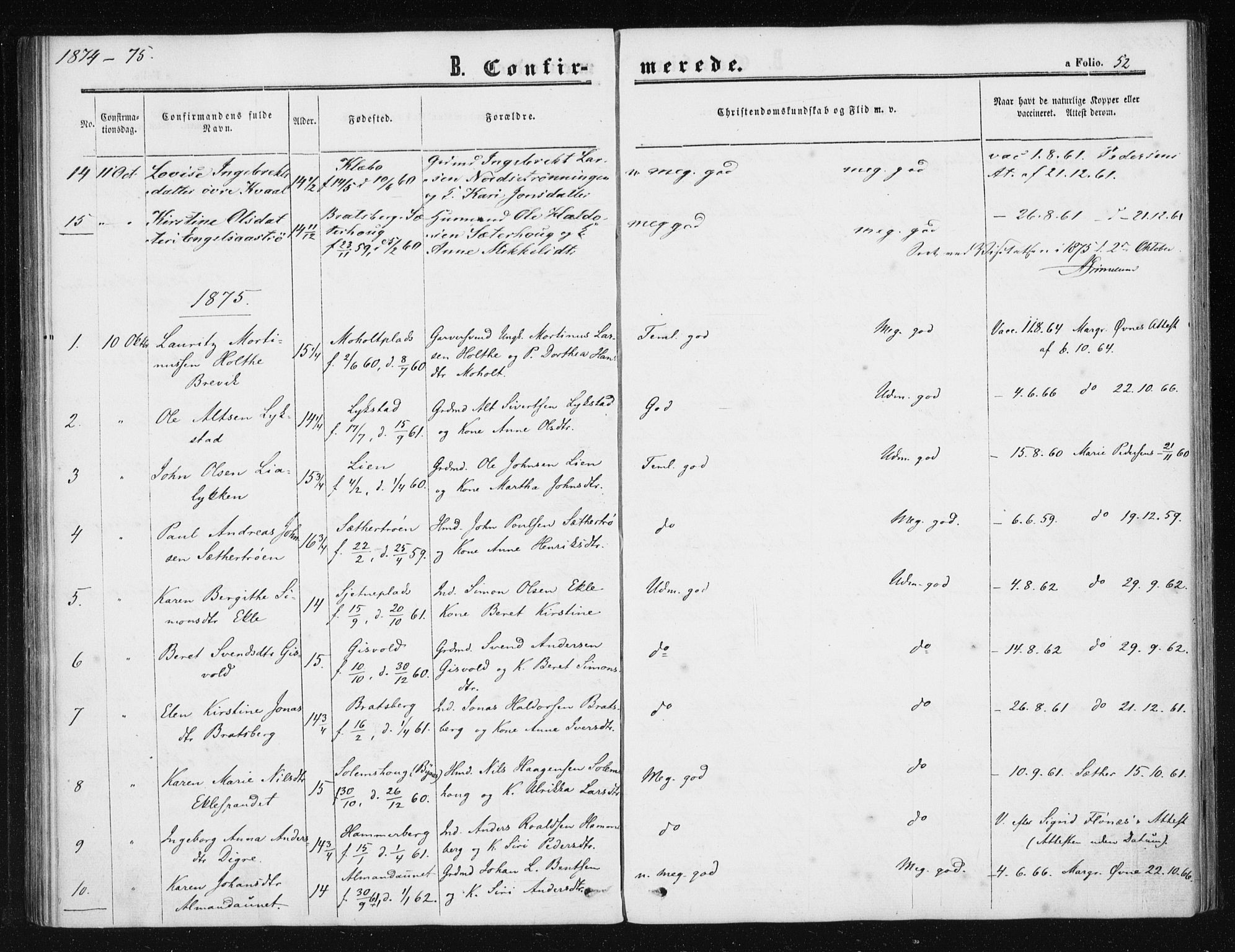 Ministerialprotokoller, klokkerbøker og fødselsregistre - Sør-Trøndelag, AV/SAT-A-1456/608/L0333: Parish register (official) no. 608A02, 1862-1876, p. 52