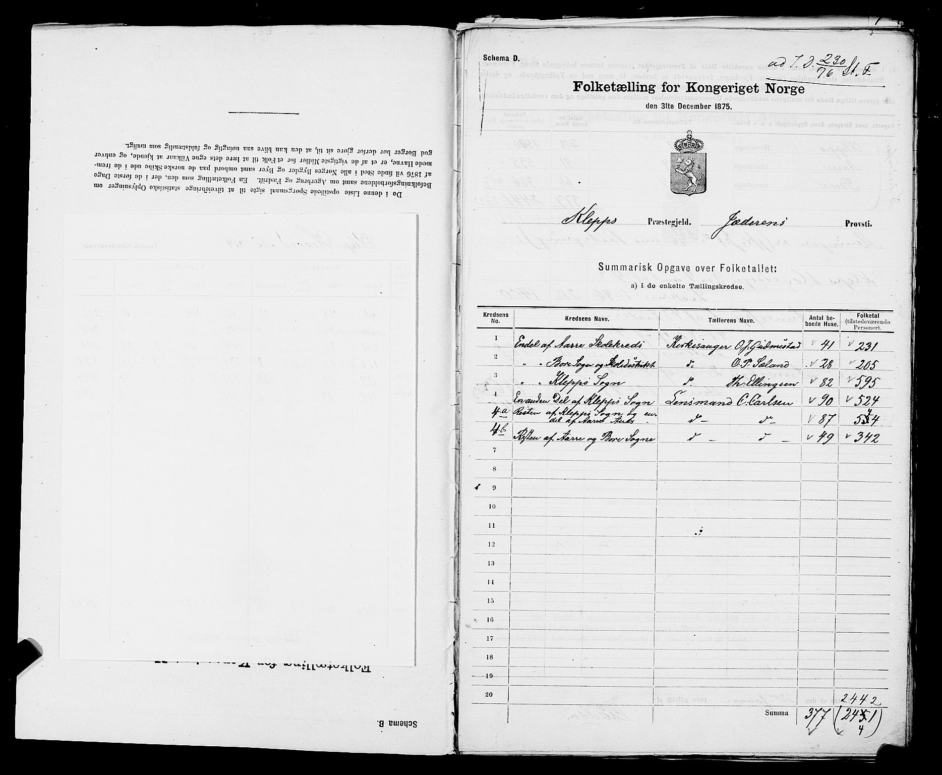 SAST, 1875 census for 1120P Klepp, 1875, p. 3