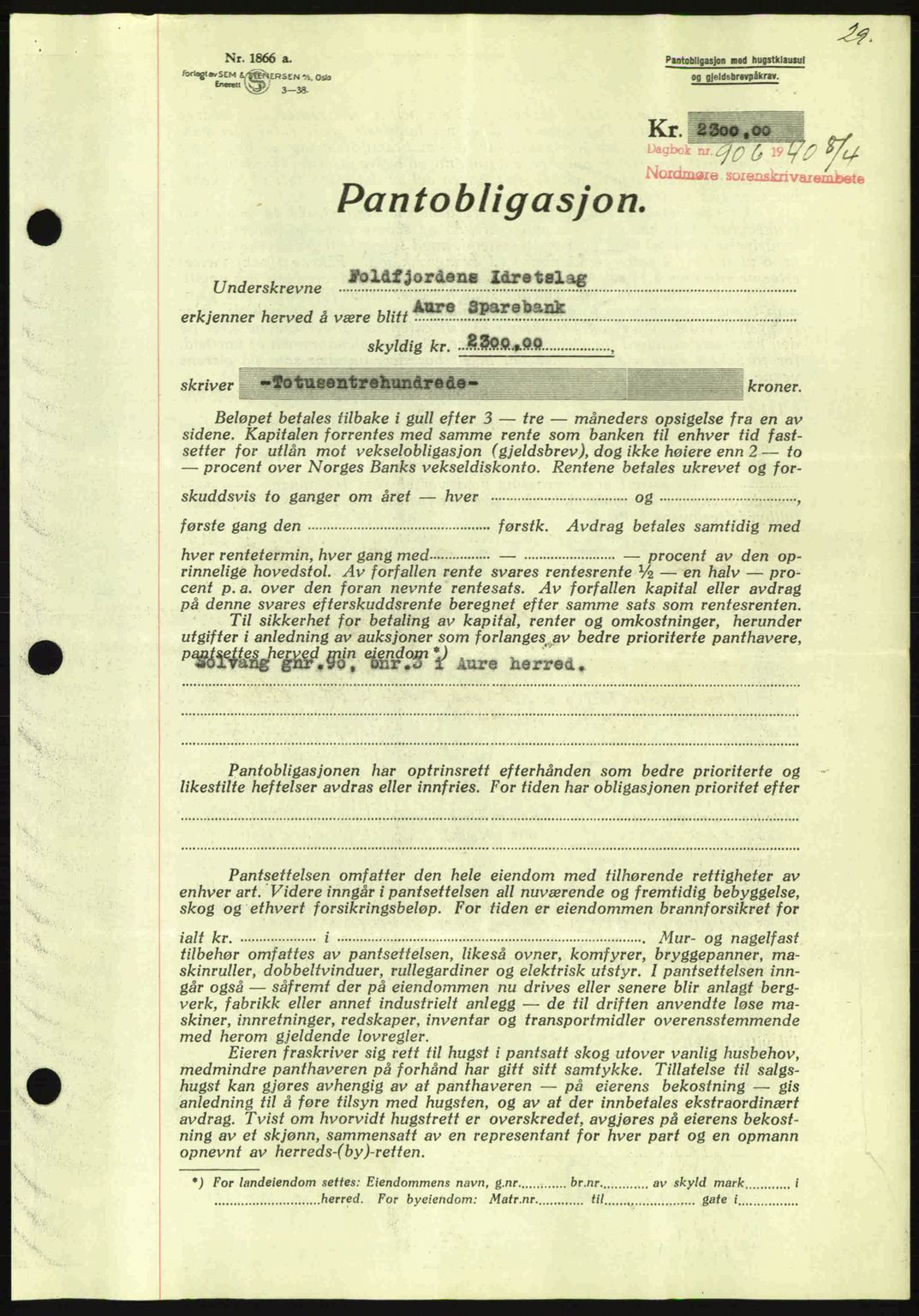 Nordmøre sorenskriveri, AV/SAT-A-4132/1/2/2Ca: Mortgage book no. B87, 1940-1941, Diary no: : 906/1940