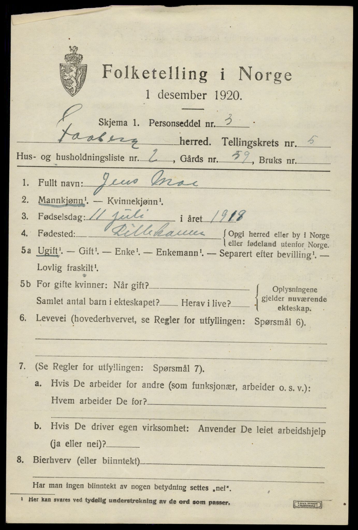 SAH, 1920 census for Fåberg, 1920, p. 5920