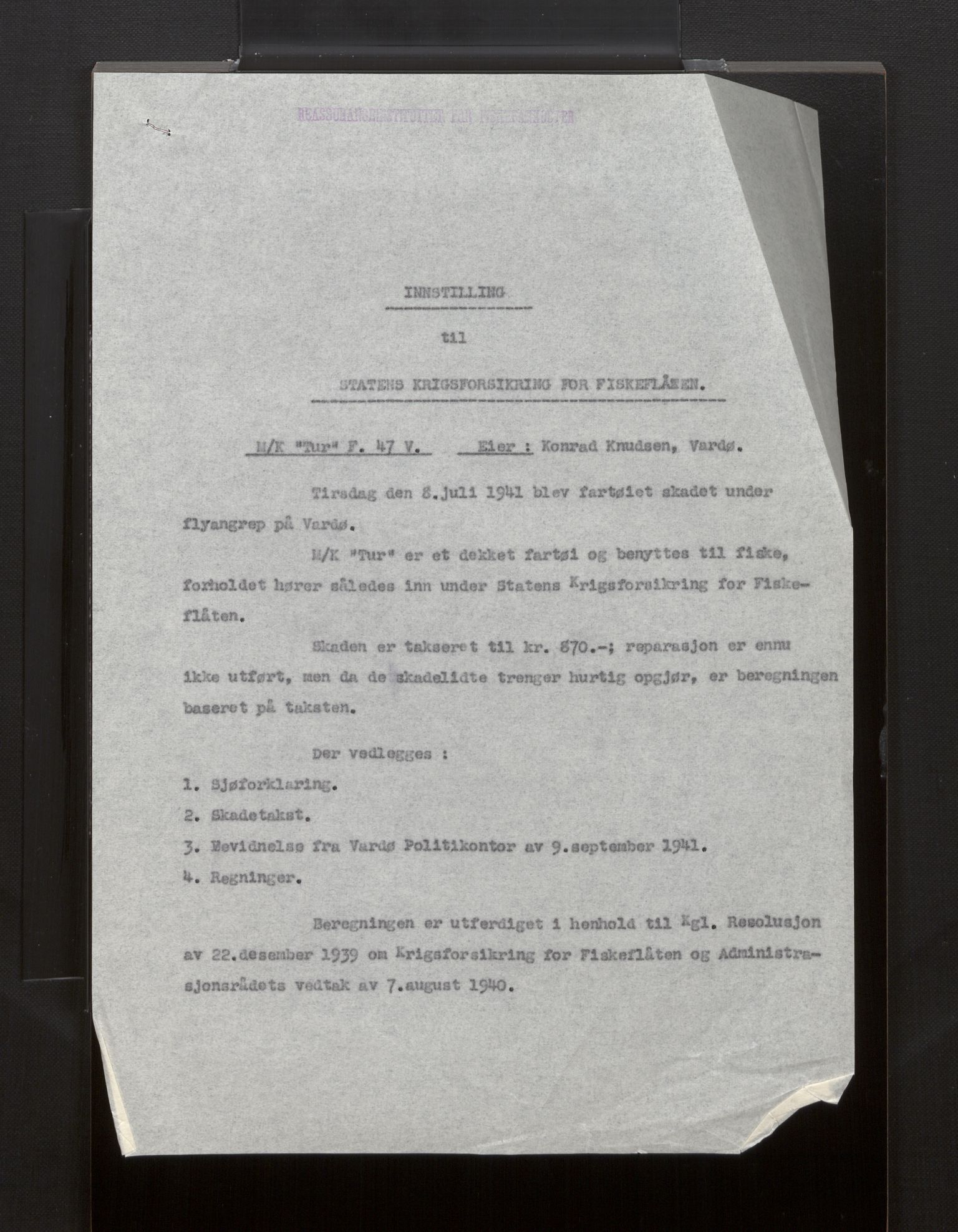 Fiskeridirektoratet - 1 Adm. ledelse - 13 Båtkontoret, AV/SAB-A-2003/La/L0008: Statens krigsforsikring for fiskeflåten, 1936-1971, p. 144