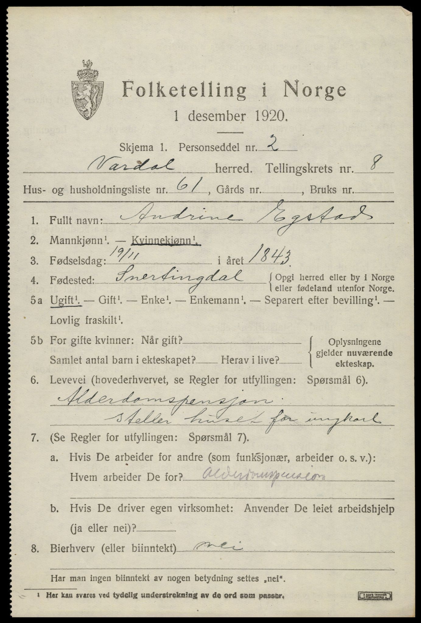 SAH, 1920 census for Vardal, 1920, p. 6465