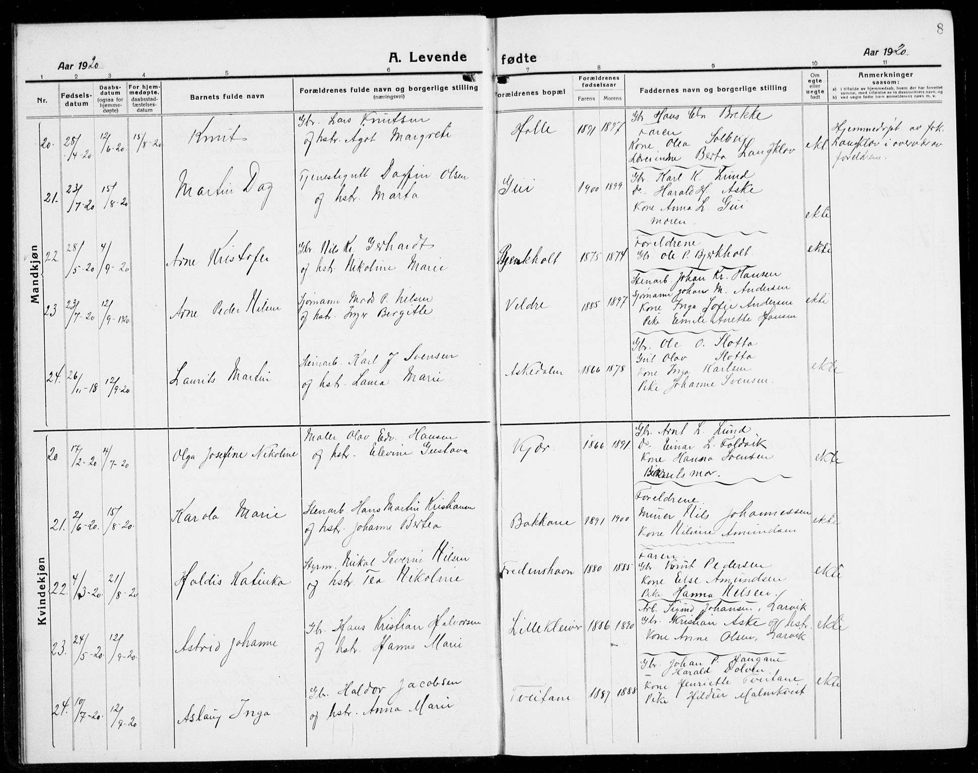 Brunlanes kirkebøker, AV/SAKO-A-342/G/Ga/L0005: Parish register (copy) no. I 5, 1918-1941, p. 8