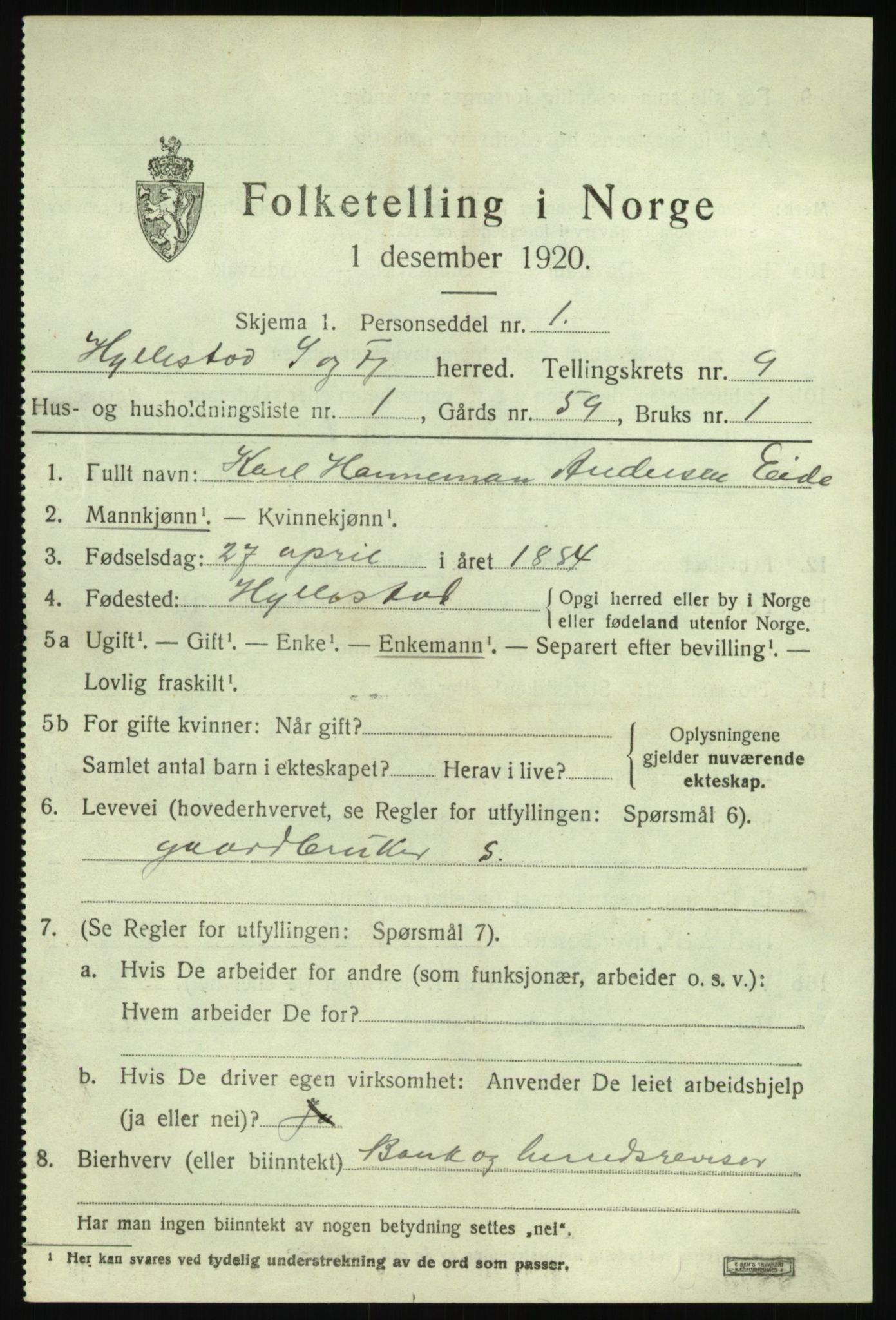 SAB, 1920 census for Hyllestad, 1920, p. 3504