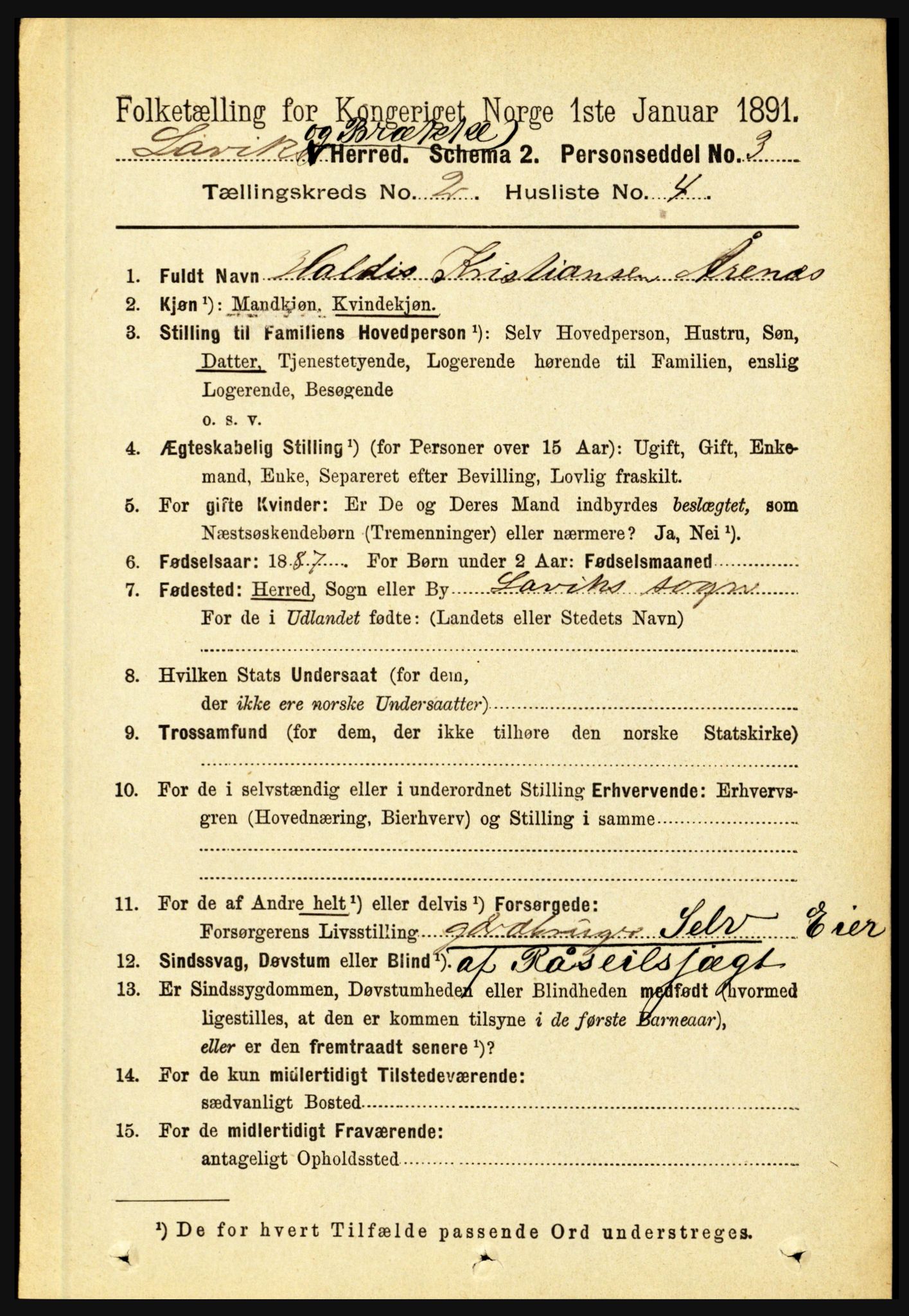 RA, 1891 census for 1415 Lavik og Brekke, 1891, p. 311