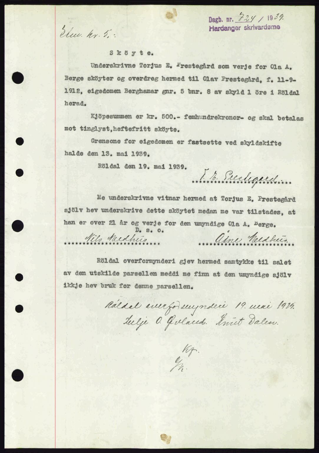 Hardanger sorenskriver, AV/SAB-A-2101/G/Ge/Gec/L0005: Mortgage book no. A5, 1939-1939, Diary no: : 724/1939