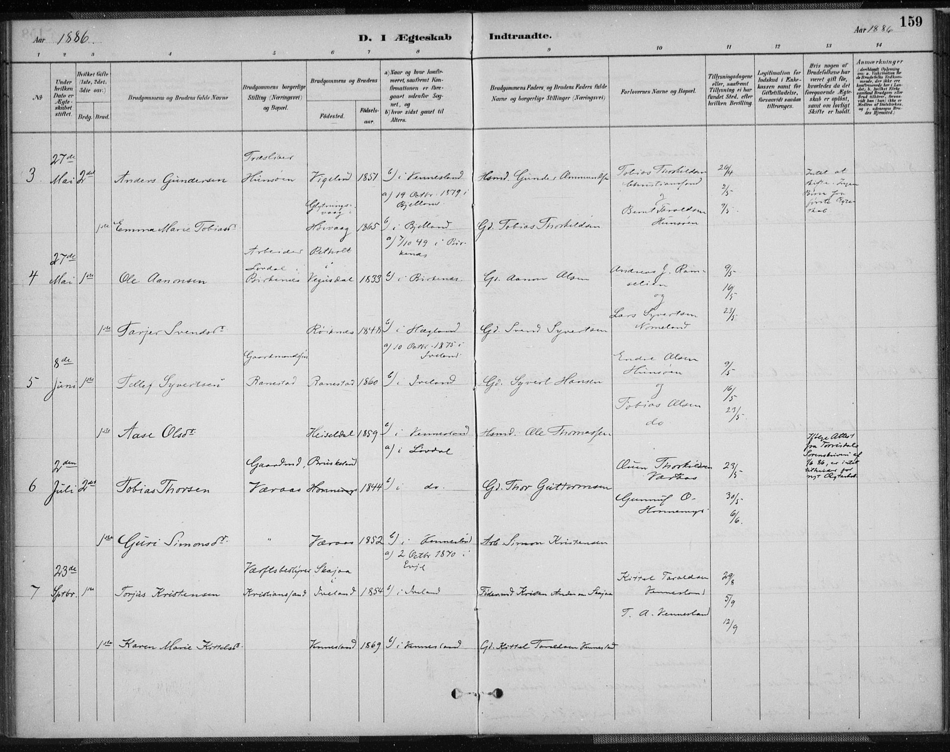 Vennesla sokneprestkontor, AV/SAK-1111-0045/Fa/Fab/L0004: Parish register (official) no. A 4, 1884-1896, p. 159