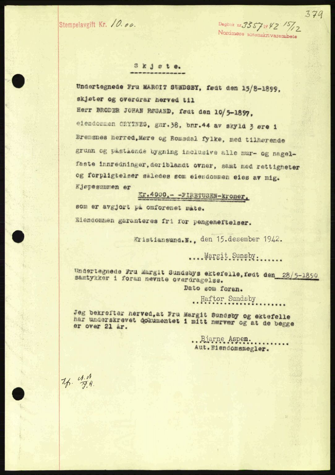 Nordmøre sorenskriveri, AV/SAT-A-4132/1/2/2Ca: Mortgage book no. A94, 1942-1943, Diary no: : 3357/1942