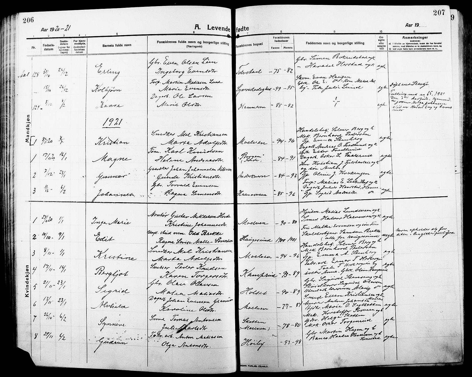 Ringsaker prestekontor, SAH/PREST-014/L/La/L0018: Parish register (copy) no. 18, 1913-1922, p. 206-207