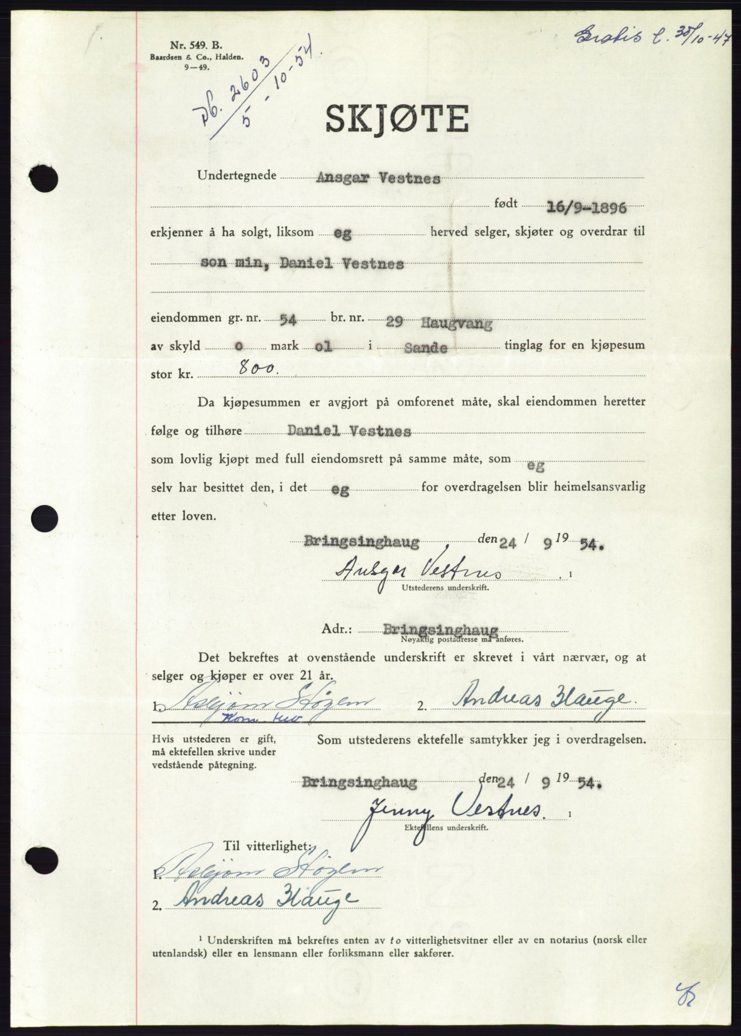 Søre Sunnmøre sorenskriveri, AV/SAT-A-4122/1/2/2C/L0099: Mortgage book no. 25A, 1954-1954, Diary no: : 2603/1954