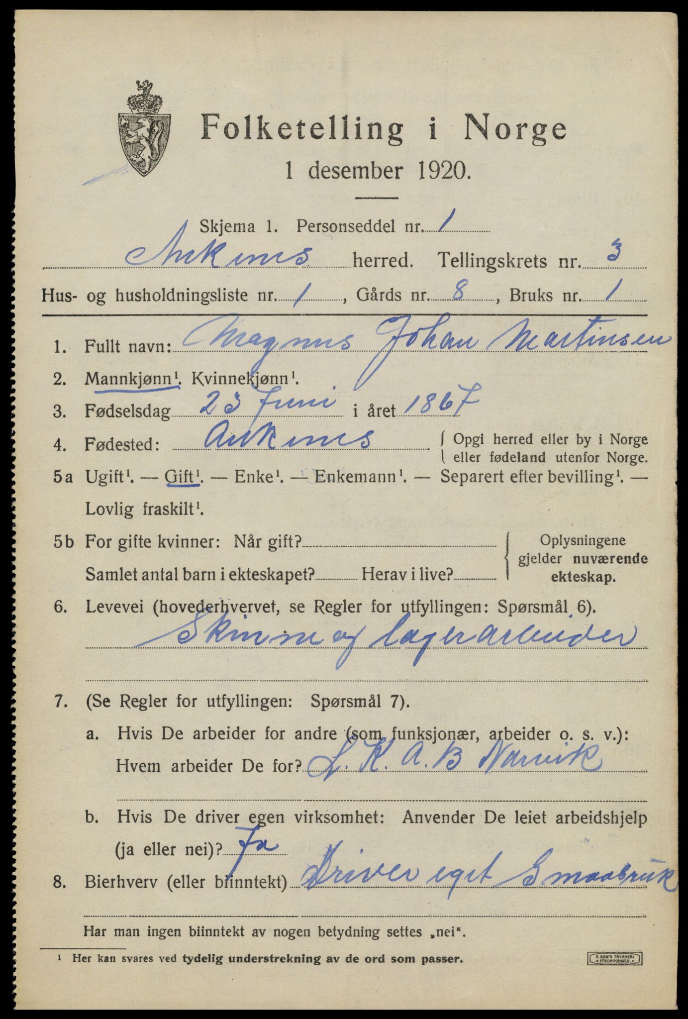 SAT, 1920 census for Ankenes, 1920, p. 1701