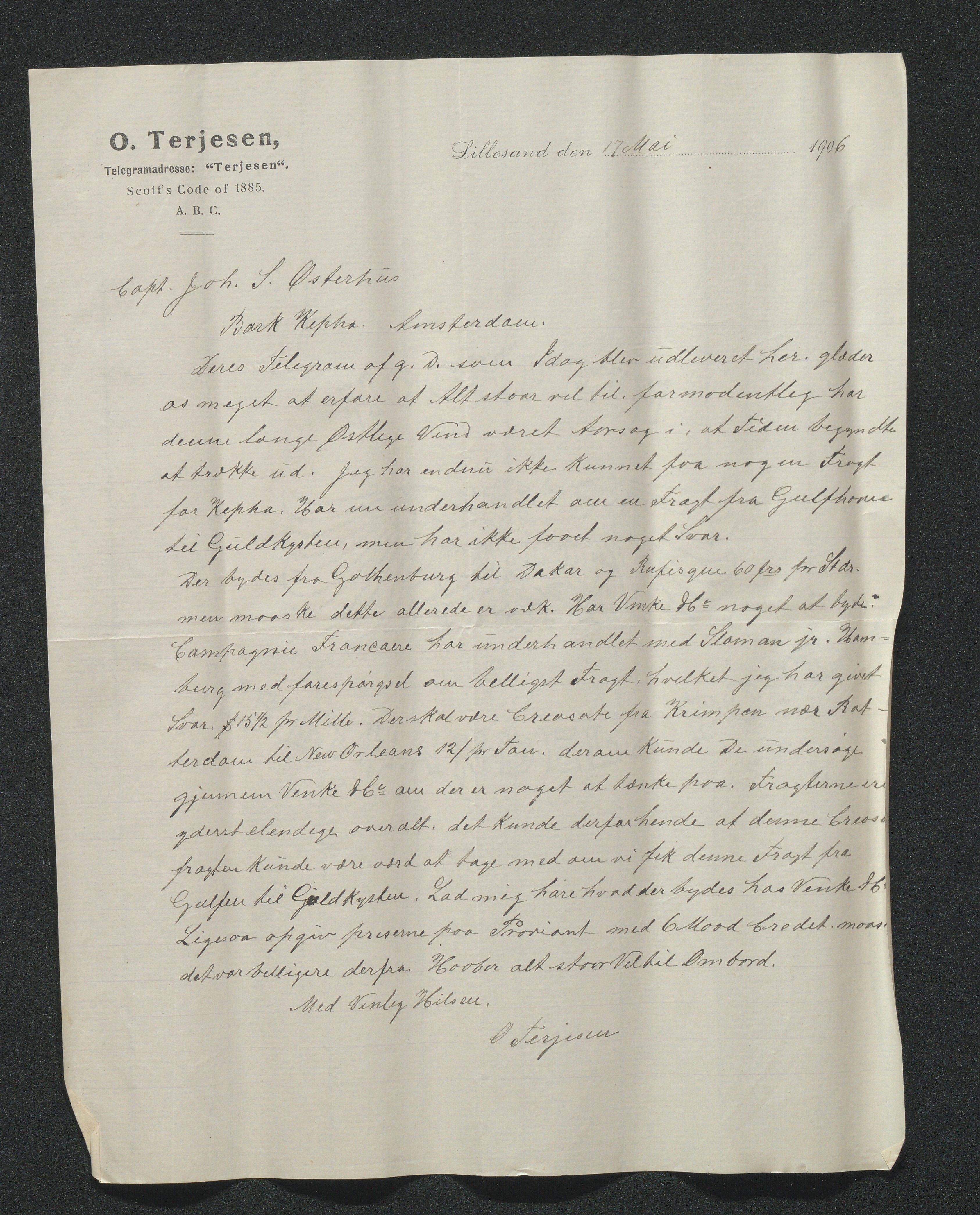 O. Terjesens rederi, AAKS/PA-2525/E/E01/L0014: Korrespondanse, 1905