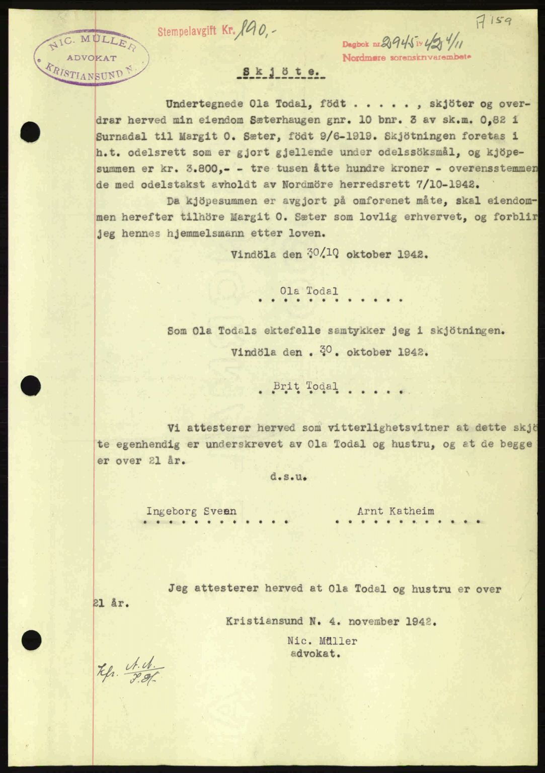 Nordmøre sorenskriveri, AV/SAT-A-4132/1/2/2Ca: Mortgage book no. A94, 1942-1943, Diary no: : 2945/1942