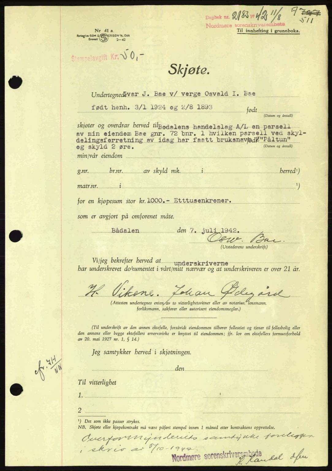 Nordmøre sorenskriveri, AV/SAT-A-4132/1/2/2Ca: Mortgage book no. A93, 1942-1942, Diary no: : 2183/1942