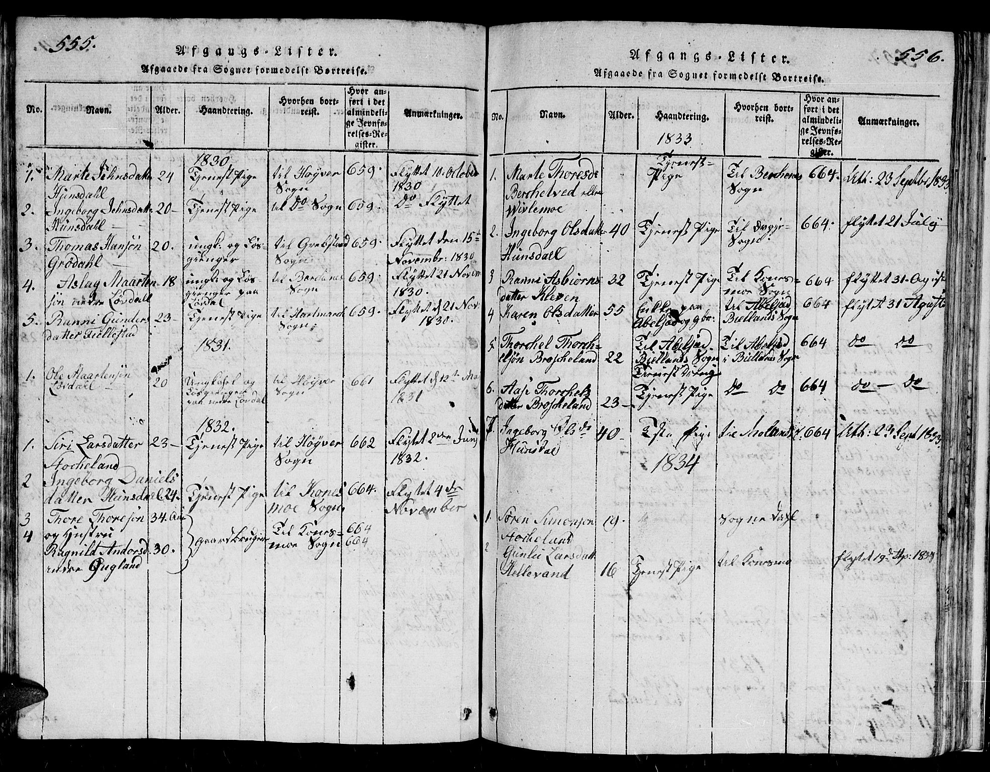 Holum sokneprestkontor, SAK/1111-0022/F/Fb/Fbb/L0001: Parish register (copy) no. B 1, 1820-1847, p. 555-556