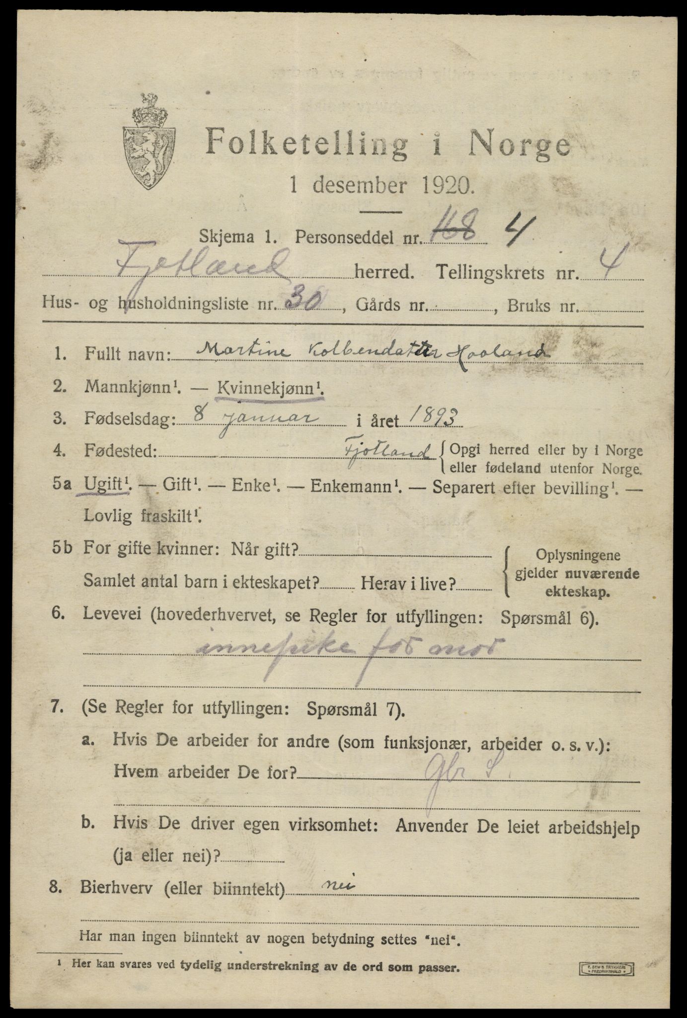 SAK, 1920 census for Fjotland, 1920, p. 1522