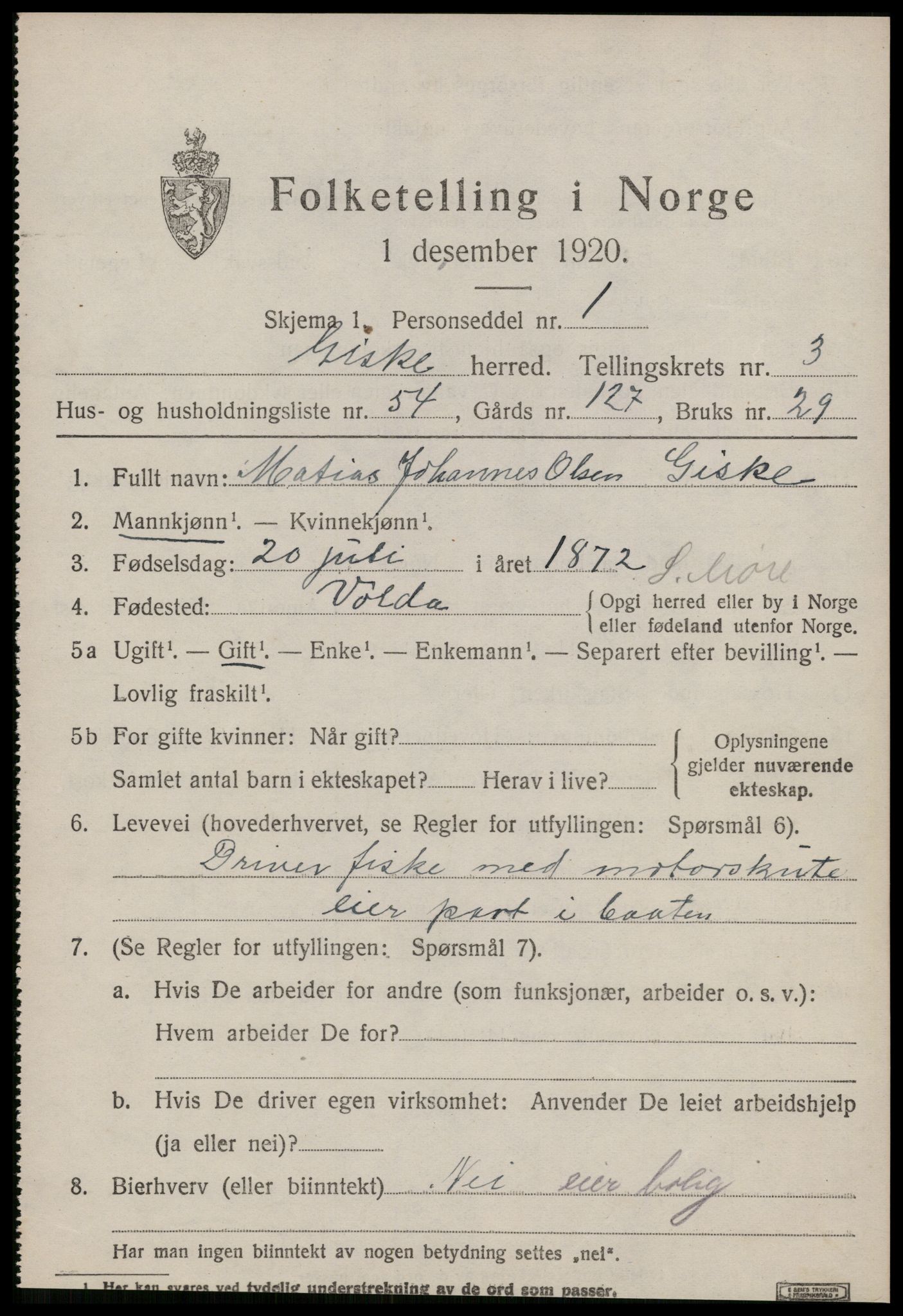 SAT, 1920 census for Giske, 1920, p. 2584
