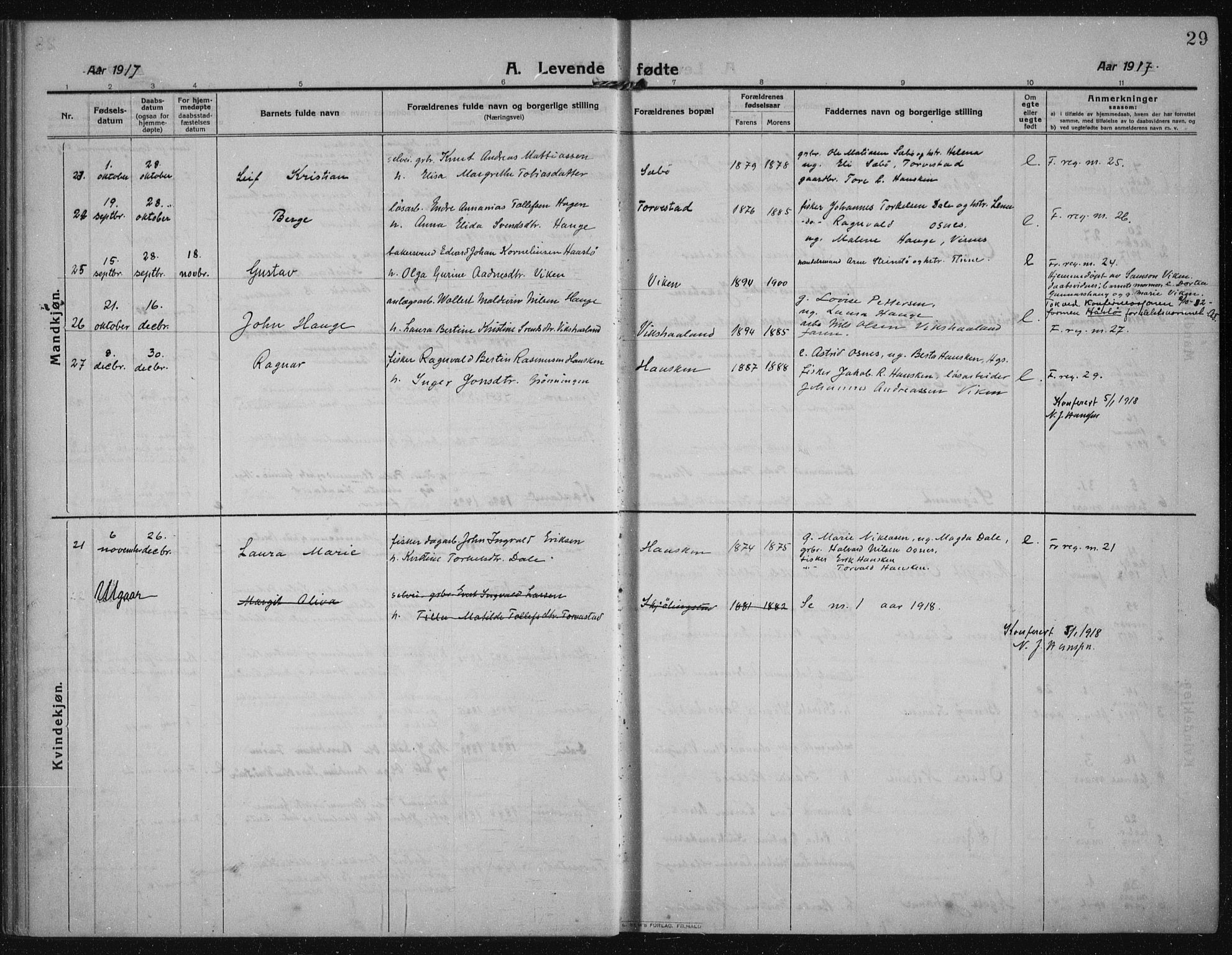 Torvastad sokneprestkontor, AV/SAST-A -101857/H/Ha/Haa/L0019: Parish register (official) no. A 18, 1912-1920, p. 29