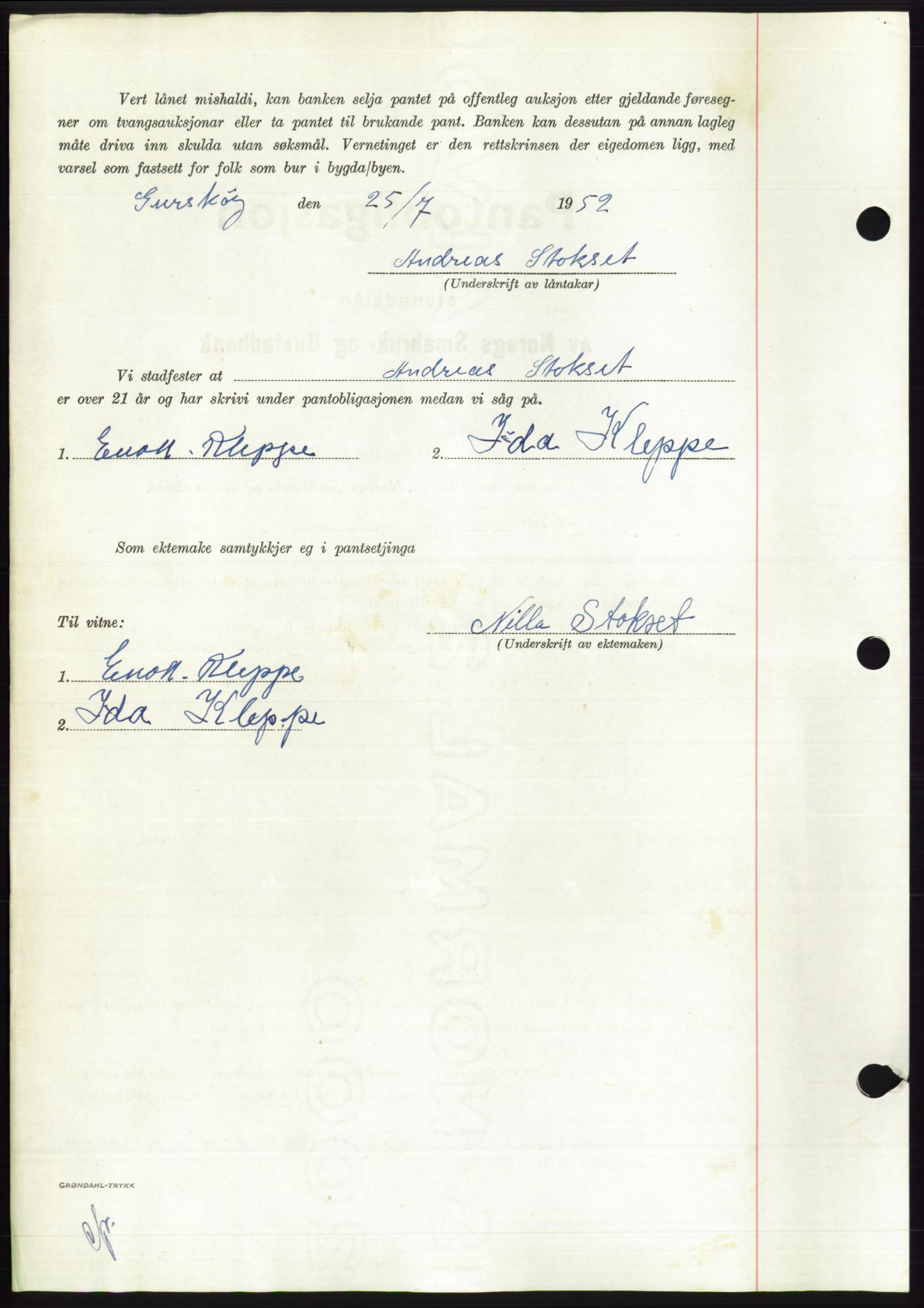 Søre Sunnmøre sorenskriveri, AV/SAT-A-4122/1/2/2C/L0121: Mortgage book no. 9B, 1951-1952, Diary no: : 1591/1952