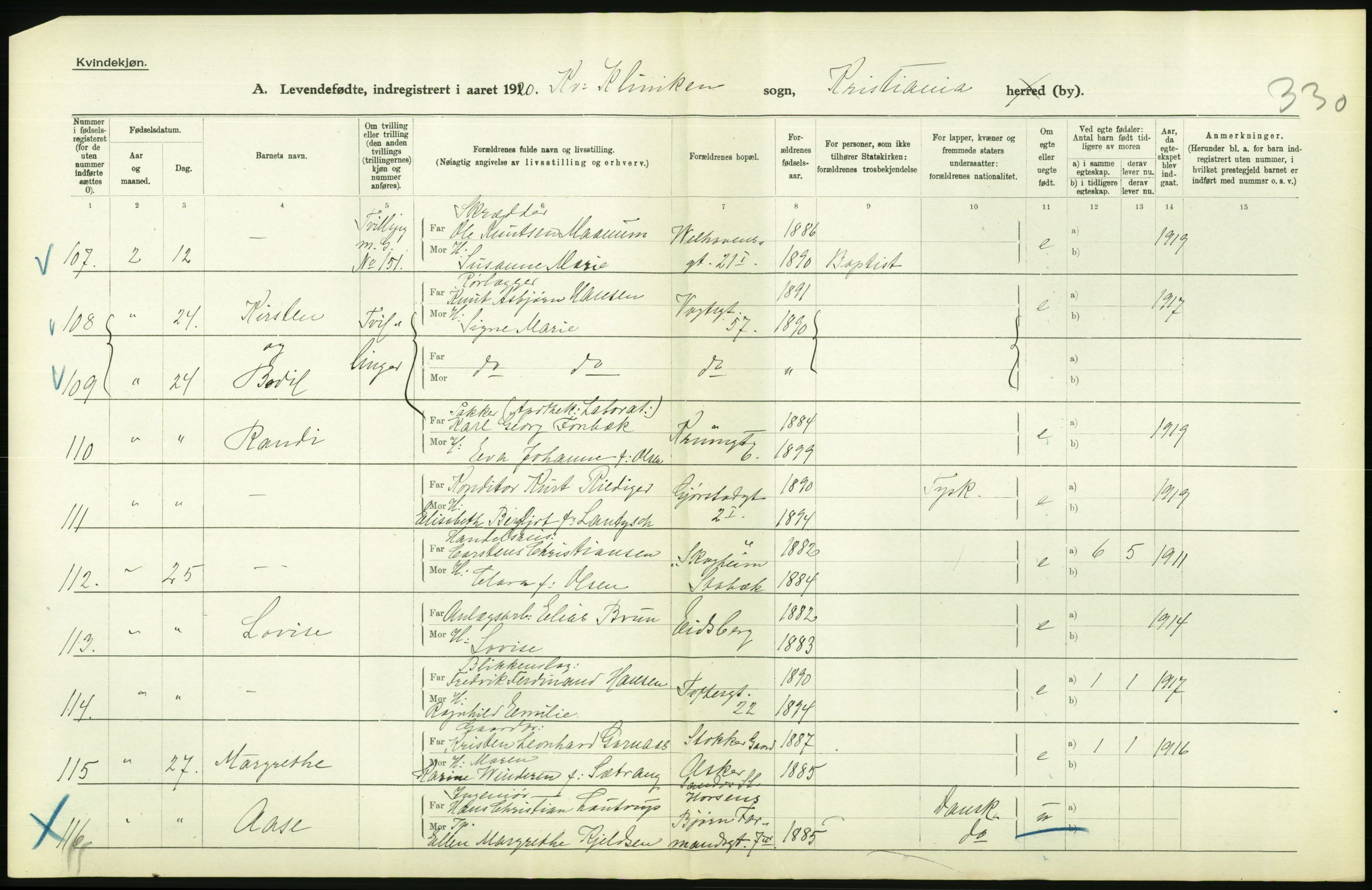 Statistisk sentralbyrå, Sosiodemografiske emner, Befolkning, AV/RA-S-2228/D/Df/Dfb/Dfbj/L0008: Kristiania: Levendefødte menn og kvinner., 1920, p. 550