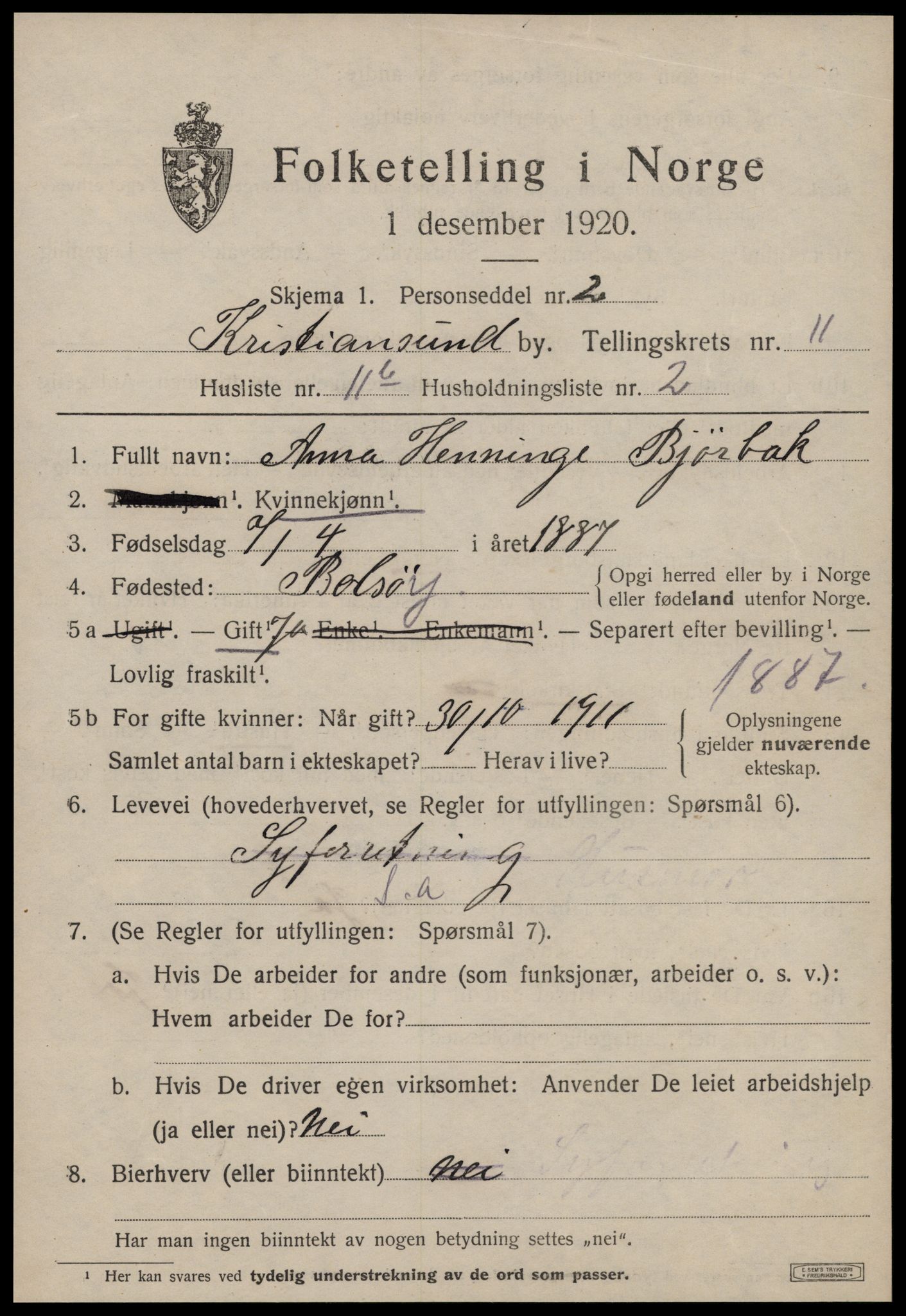 SAT, 1920 census for Kristiansund, 1920, p. 24283