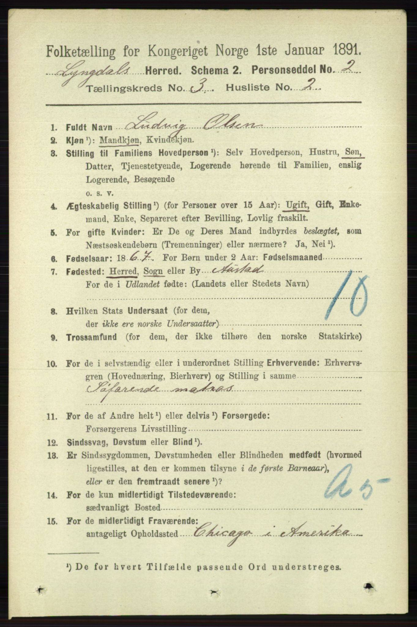 RA, 1891 census for 1032 Lyngdal, 1891, p. 1090