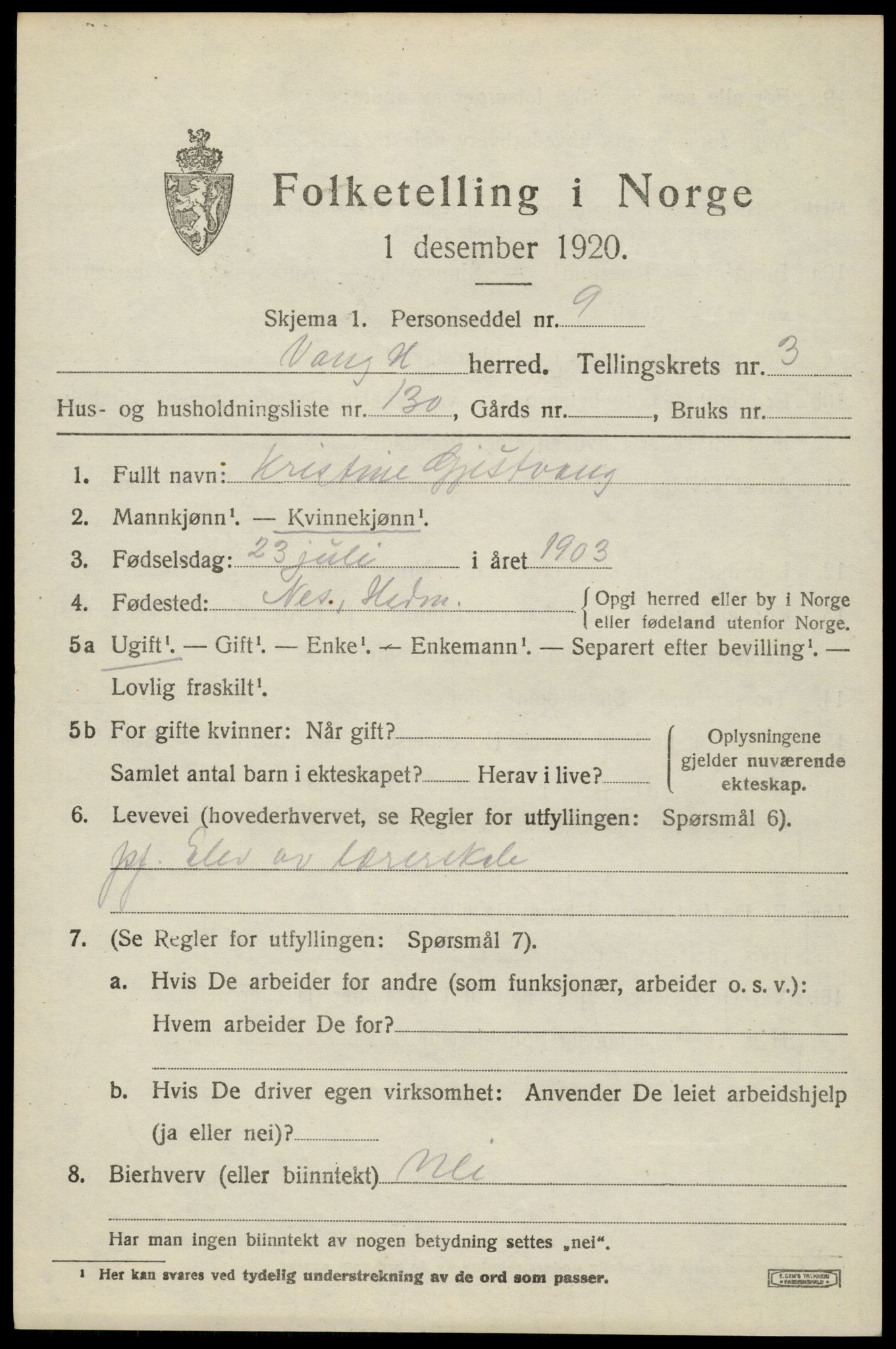 SAH, 1920 census for Vang (Hedmark), 1920, p. 11065