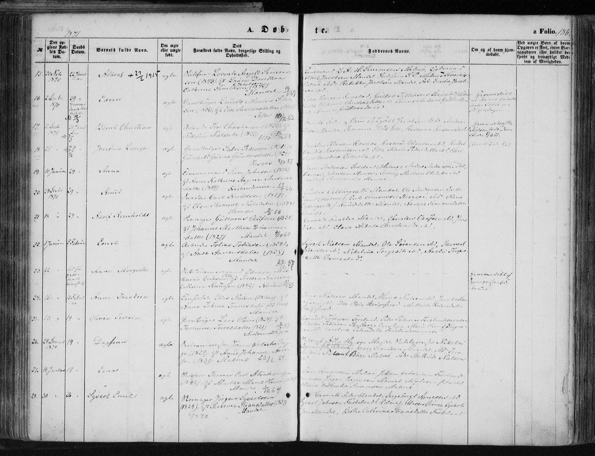 Mandal sokneprestkontor, AV/SAK-1111-0030/F/Fa/Faa/L0014: Parish register (official) no. A 14, 1859-1872, p. 186