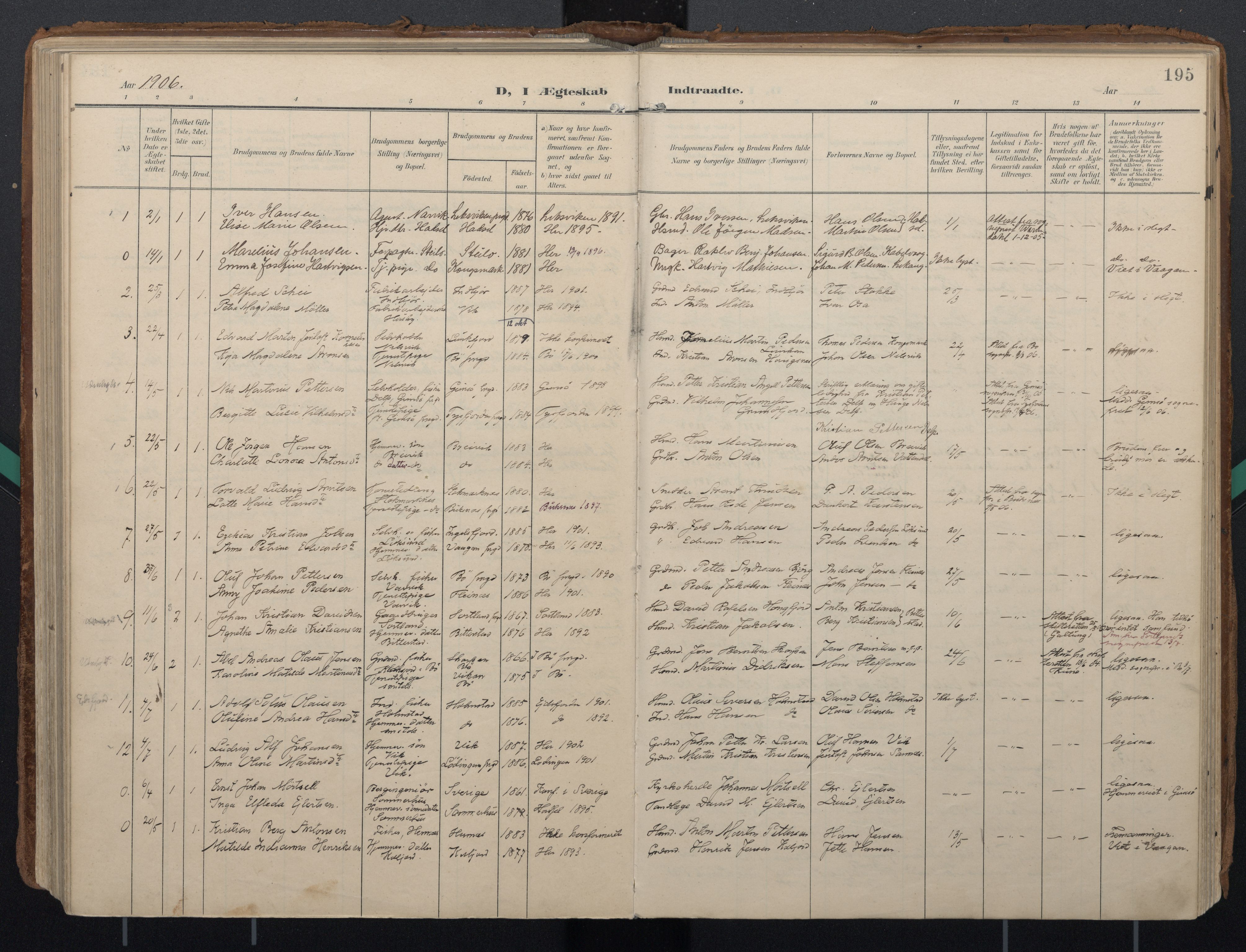 Ministerialprotokoller, klokkerbøker og fødselsregistre - Nordland, AV/SAT-A-1459/888/L1248: Parish register (official) no. 888A14, 1904-1913, p. 195