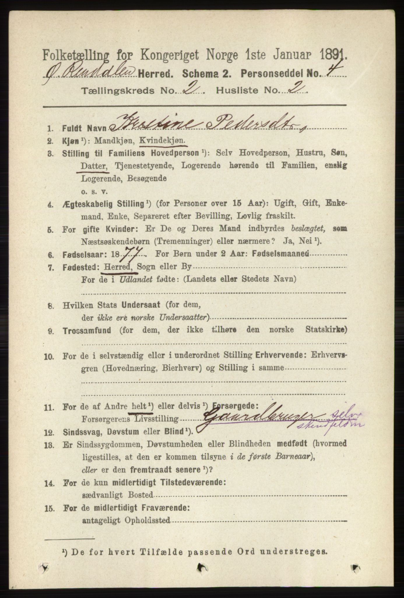 RA, 1891 census for 0433 Øvre Rendal, 1891, p. 408