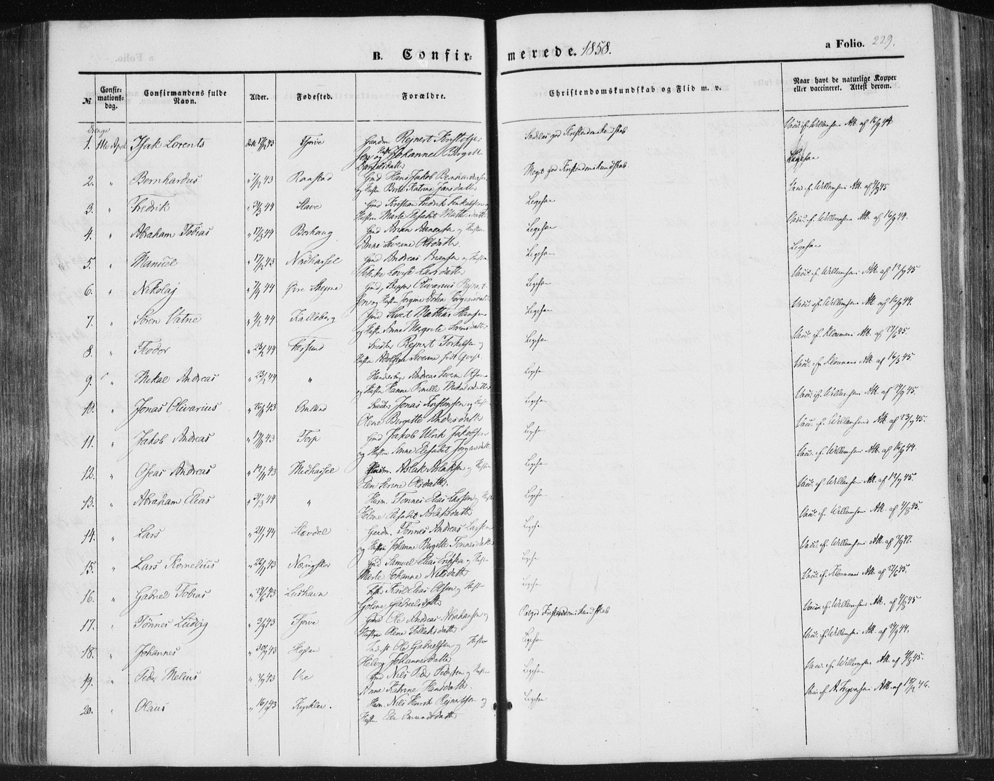Lista sokneprestkontor, SAK/1111-0027/F/Fa/L0010: Parish register (official) no. A 10, 1846-1861, p. 229