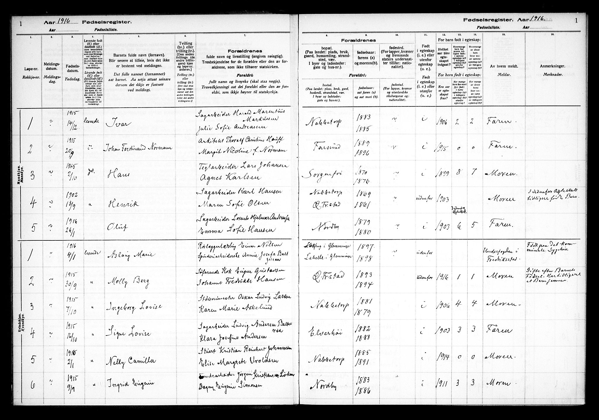 Østre Fredrikstad prestekontor Kirkebøker, SAO/A-10907/J/Ja/L0001: Birth register no. 1, 1916-1936, p. 1