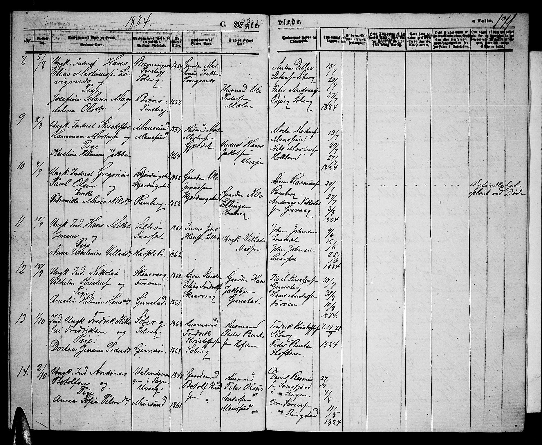 Ministerialprotokoller, klokkerbøker og fødselsregistre - Nordland, AV/SAT-A-1459/891/L1314: Parish register (copy) no. 891C03, 1870-1885, p. 171