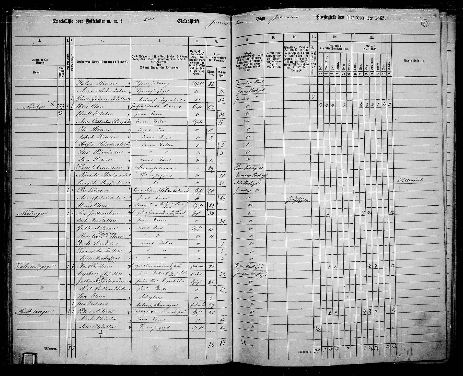 RA, 1865 census for Jevnaker, 1865, p. 45