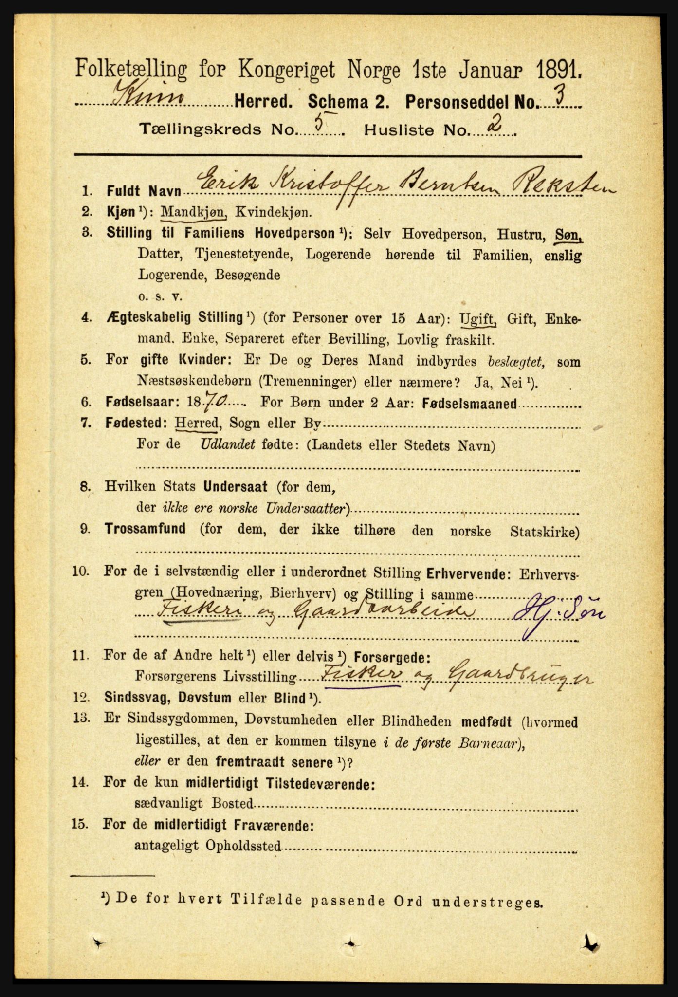 RA, 1891 census for 1437 Kinn, 1891, p. 1827