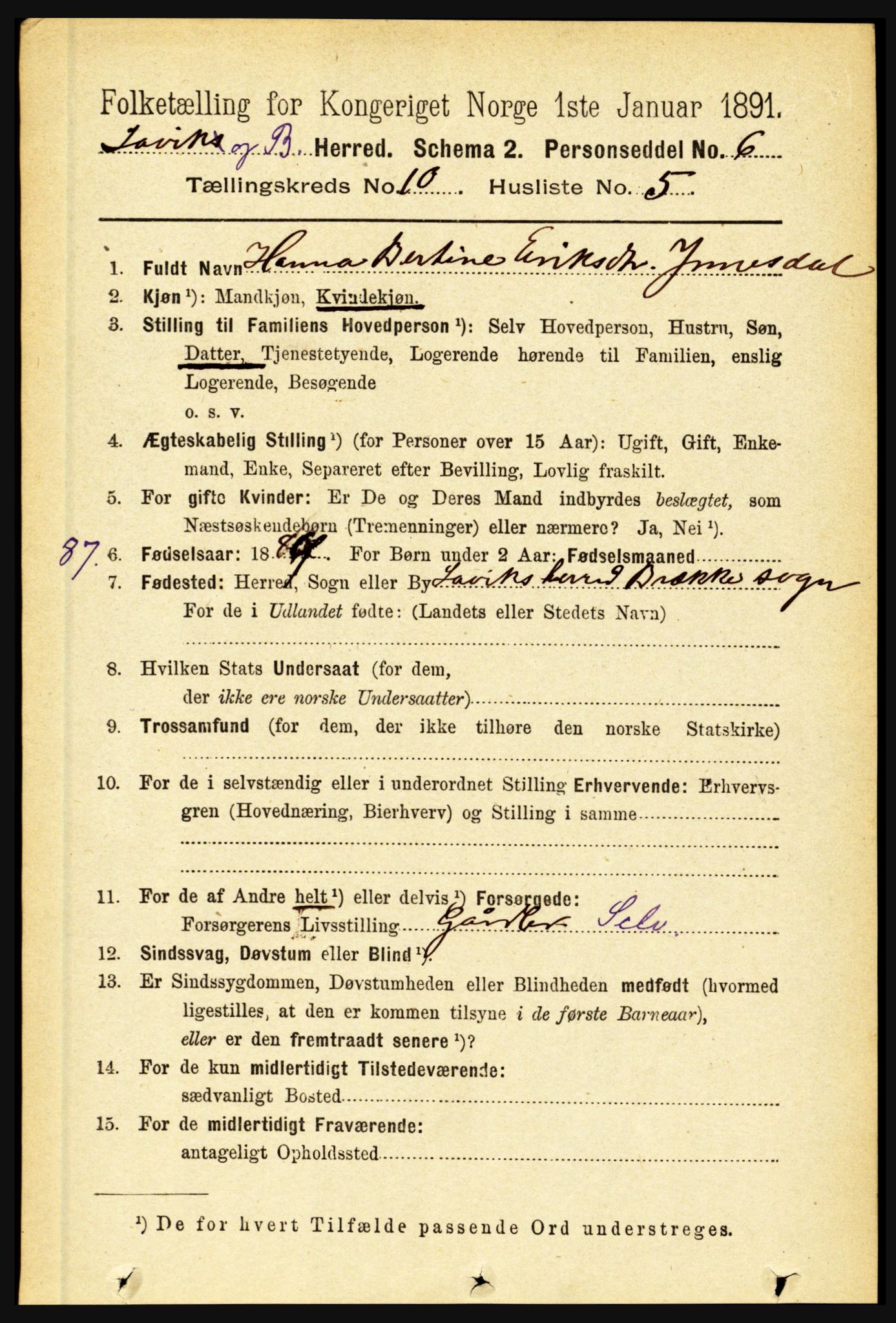 RA, 1891 census for 1415 Lavik og Brekke, 1891, p. 2006