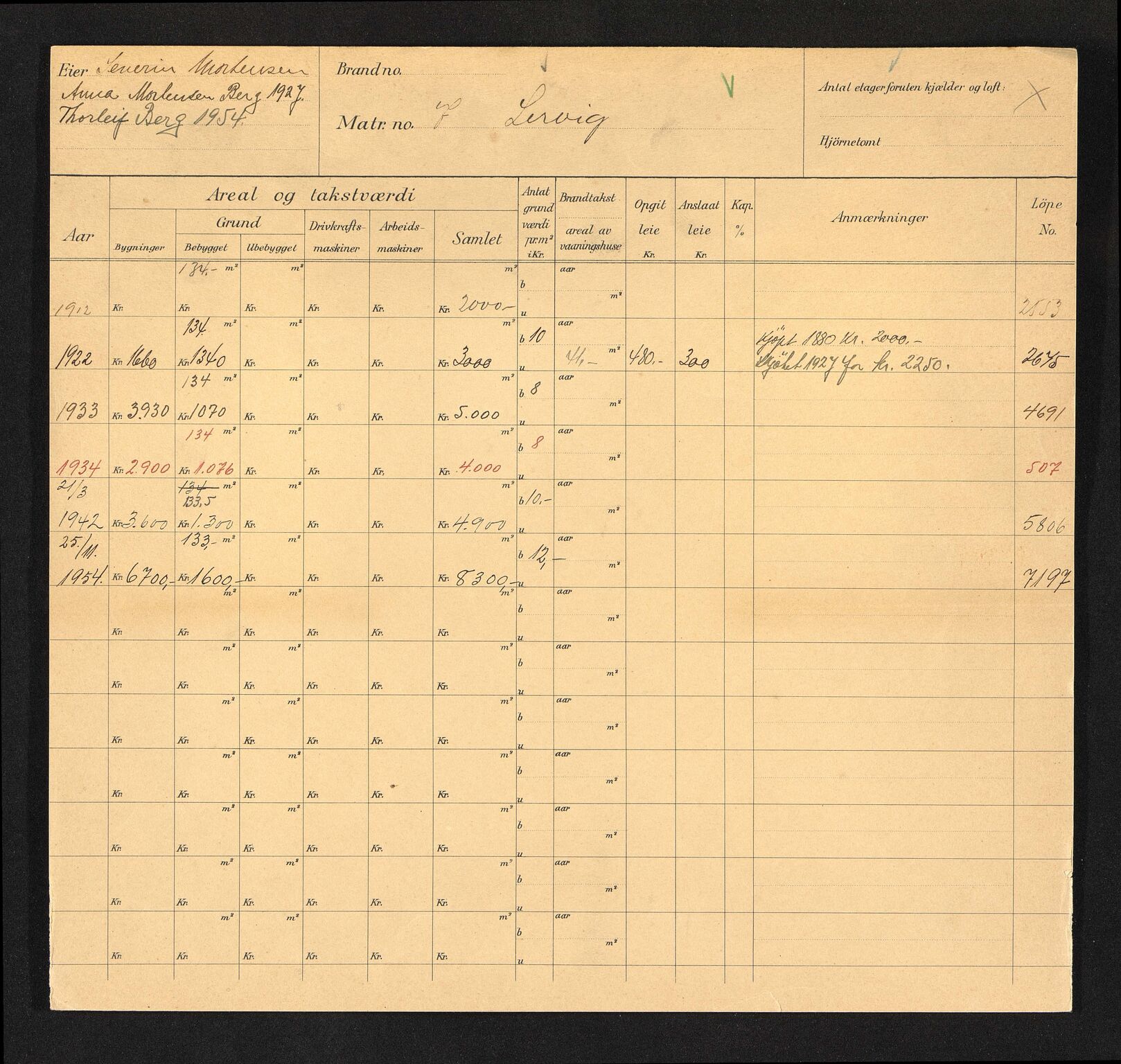 Stavanger kommune. Skattetakstvesenet, BYST/A-0440/F/Fa/Faa/L0028/0005: Skattetakstkort / Lervig 7- Lervigsveien 40