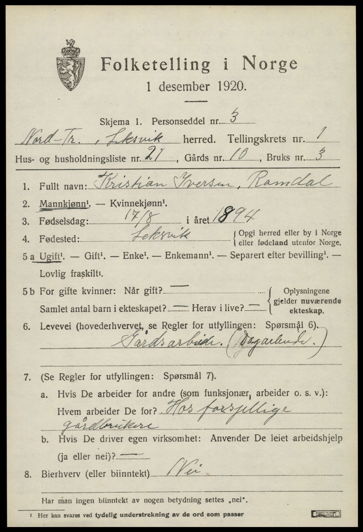 SAT, 1920 census for Leksvik, 1920, p. 1390