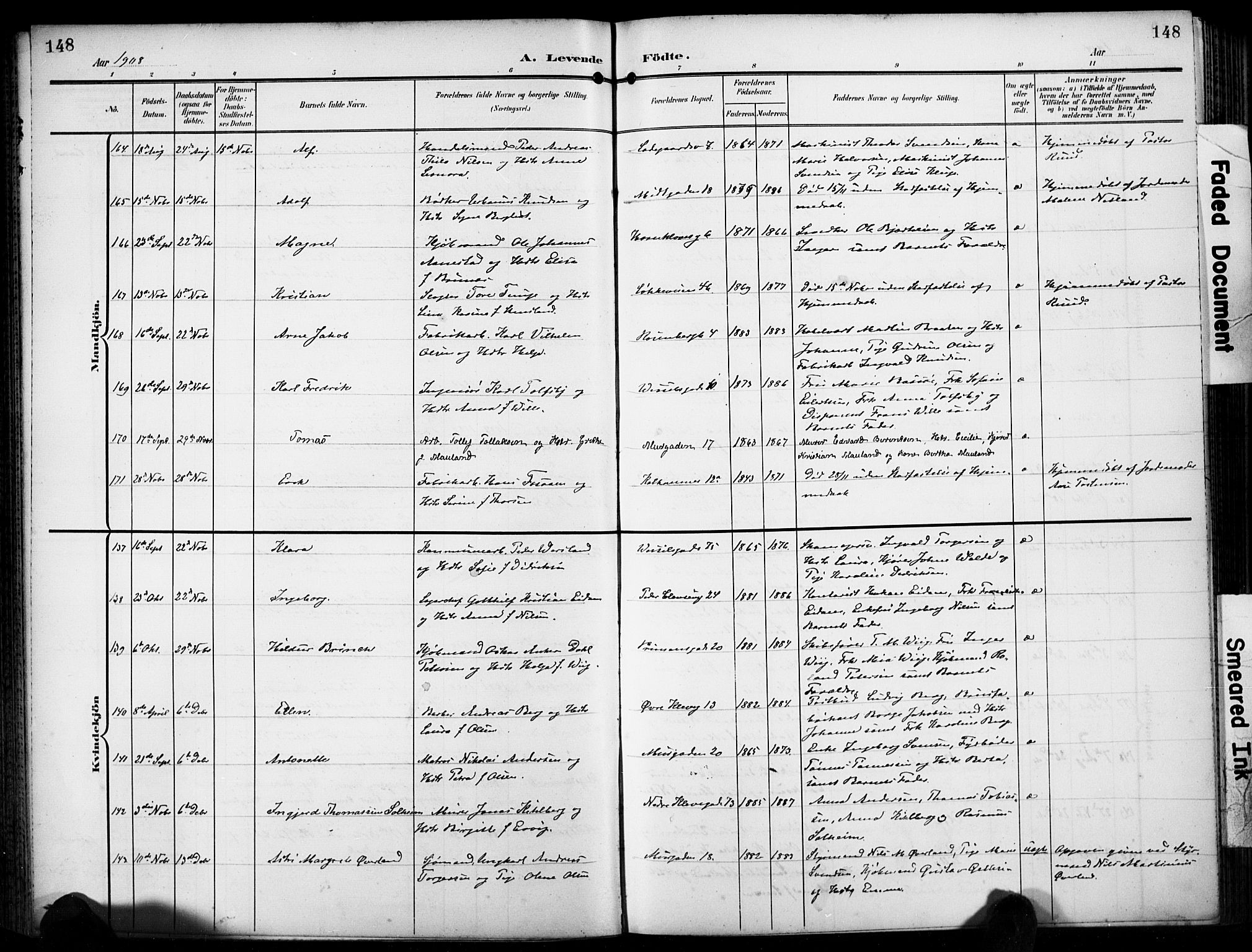 Domkirken sokneprestkontor, AV/SAST-A-101812/001/30/30BB/L0018: Parish register (copy) no. B 18, 1903-1915, p. 148