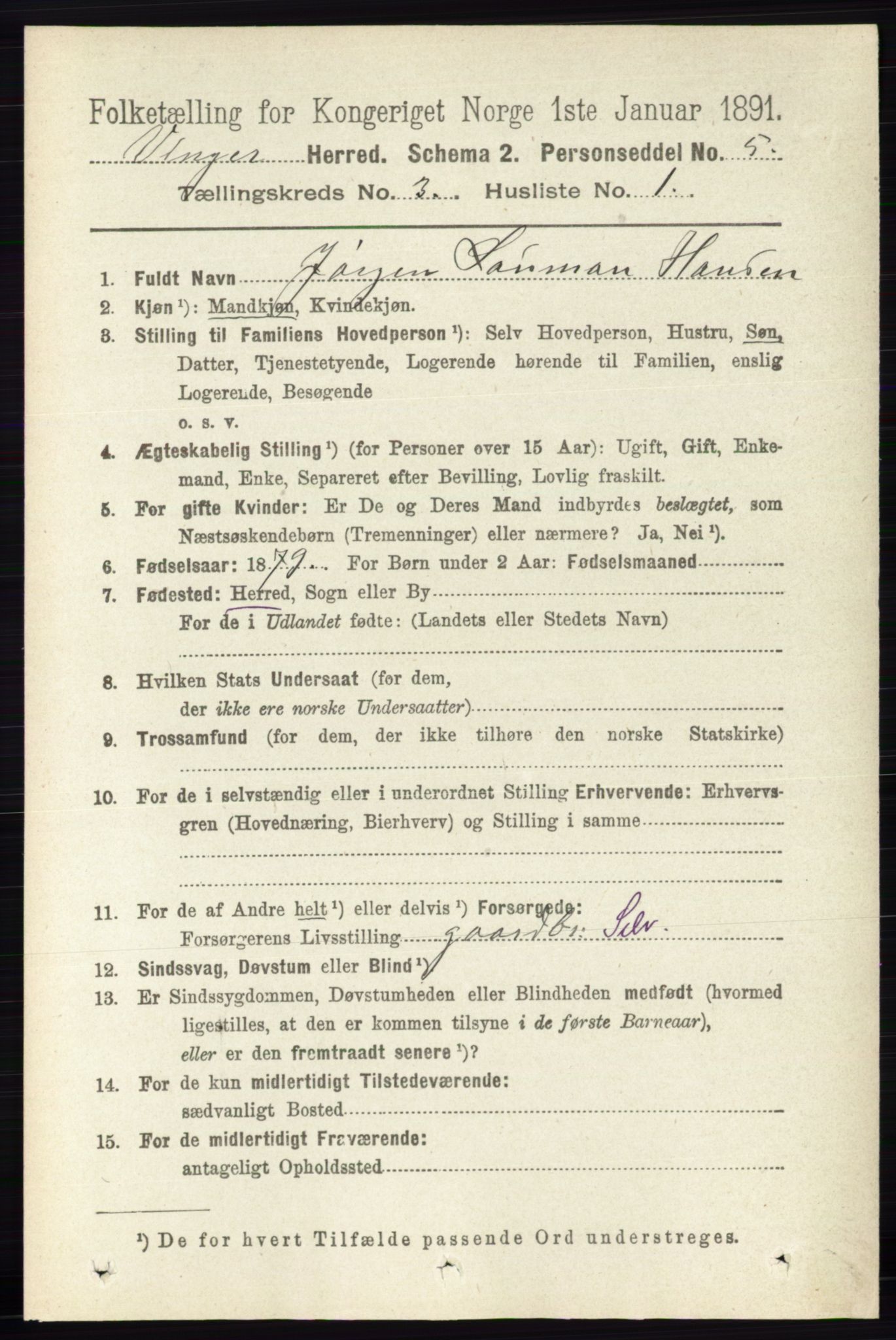 RA, 1891 census for 0421 Vinger, 1891, p. 898