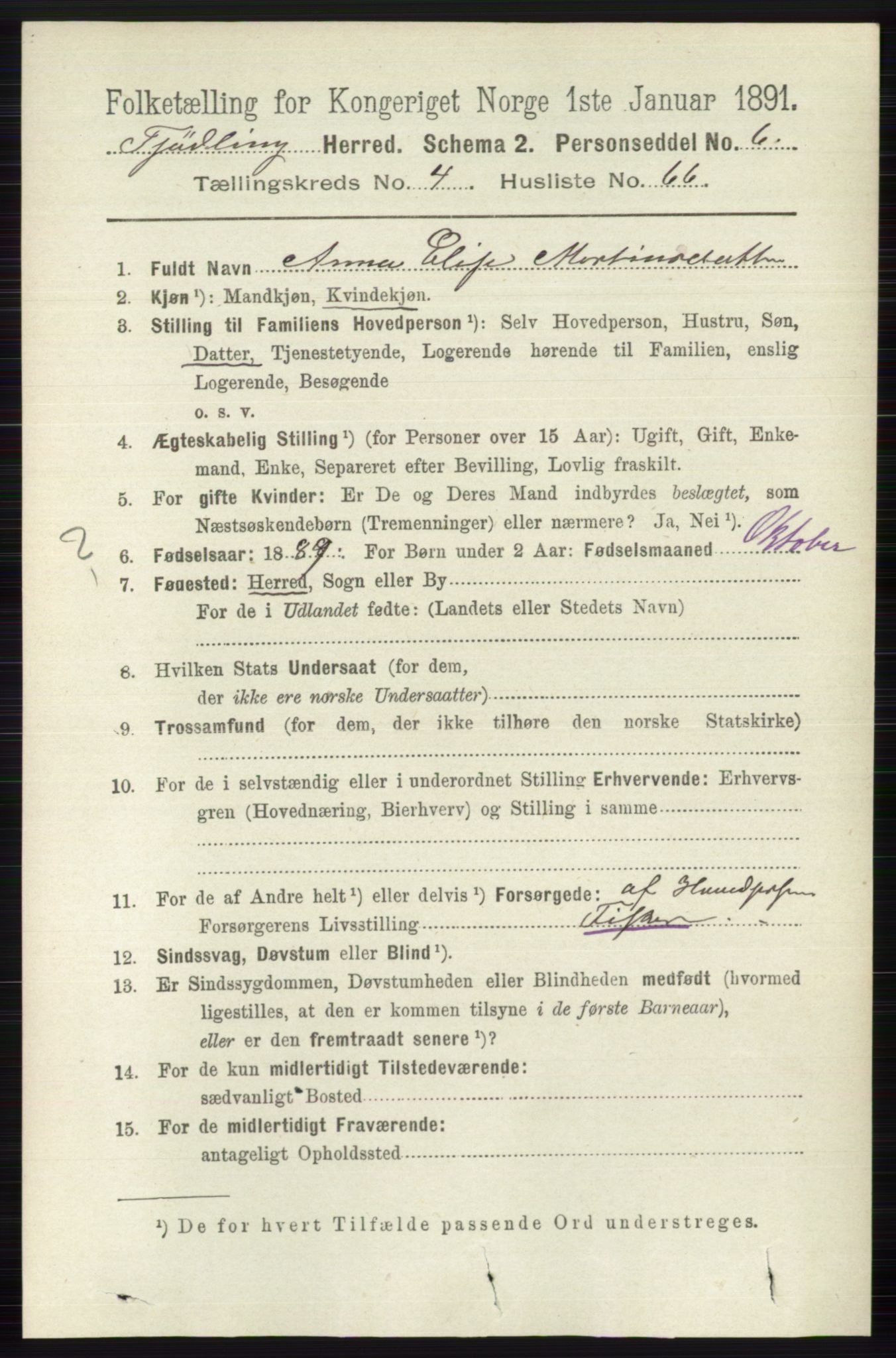 RA, 1891 census for 0725 Tjølling, 1891, p. 1818