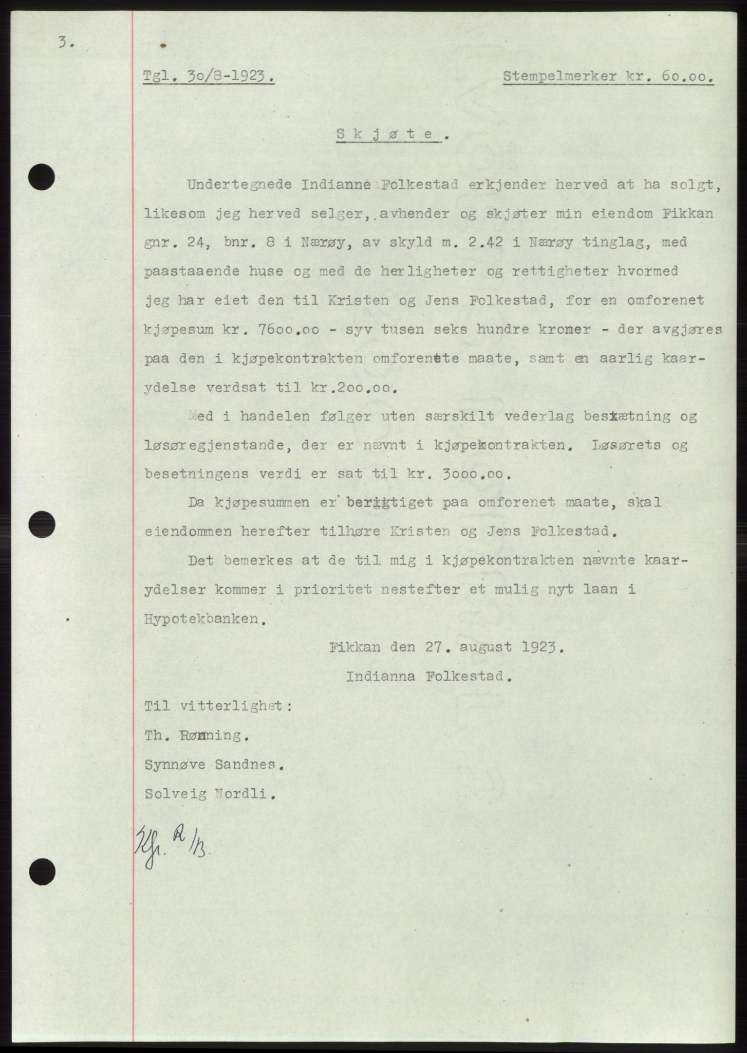 Namdal sorenskriveri, SAT/A-4133/1/2/2C: Mortgage book no. -, 1922-1925, Deed date: 30.08.1923